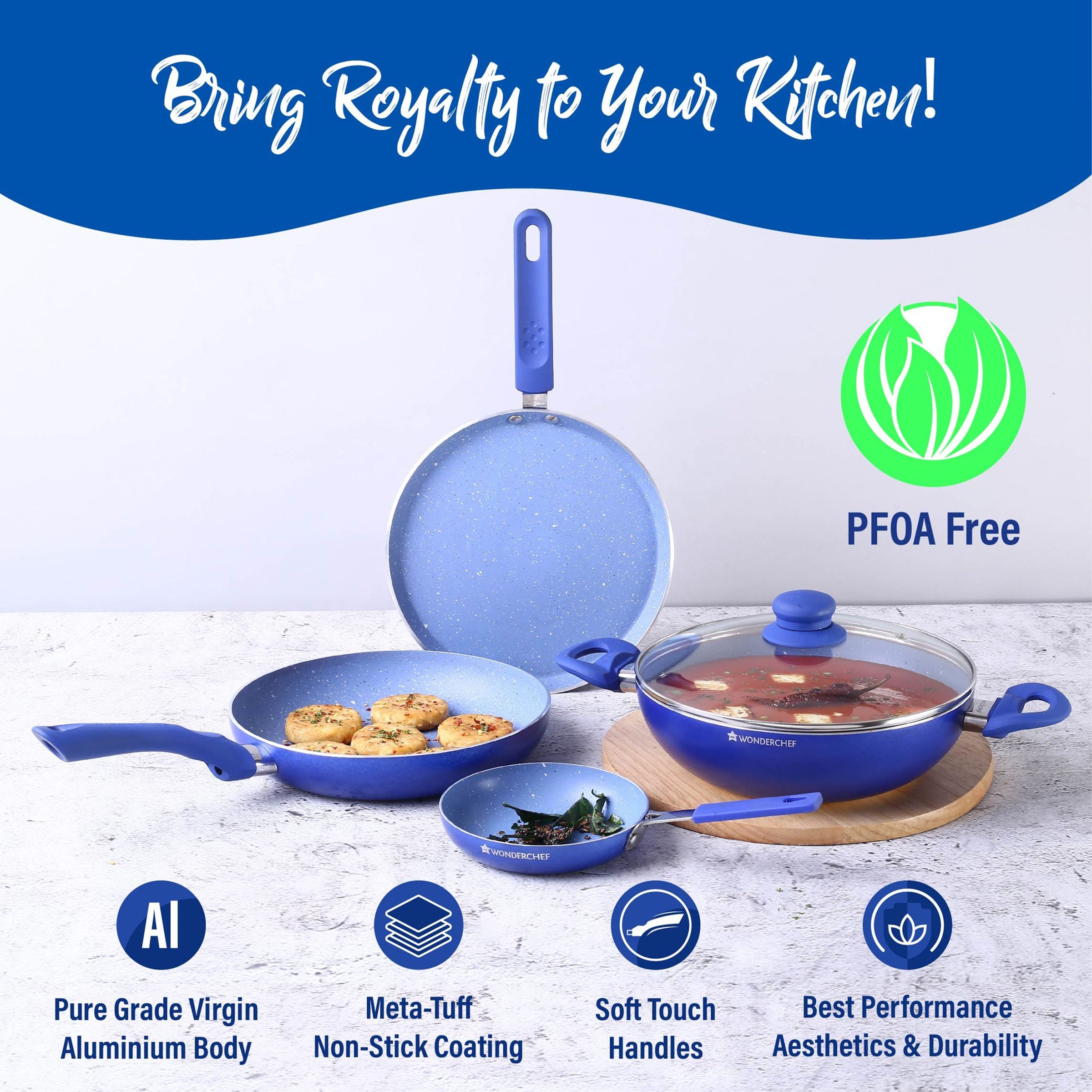 WONDERCHEF Royal Velvet 5 Pcs Non Stick Aluminium Cookware Set (Induction Compatible, Even Heat Distribution, Blue) WONDERCHEF Royal Velvet 5 Pcs Non Stick Aluminium Cookware Set (Induction Compatible, Even Heat Distribution, Blue)_6