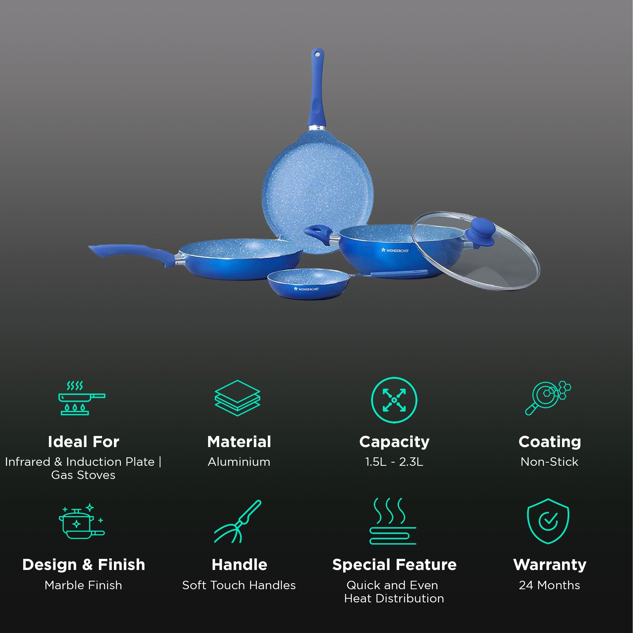 WONDERCHEF Royal Velvet 5 Pcs Non Stick Aluminium Cookware Set (Induction Compatible, Even Heat Distribution, Blue) WONDERCHEF Royal Velvet 5 Pcs Non Stick Aluminium Cookware Set (Induction Compatible, Even Heat Distribution, Blue)_2