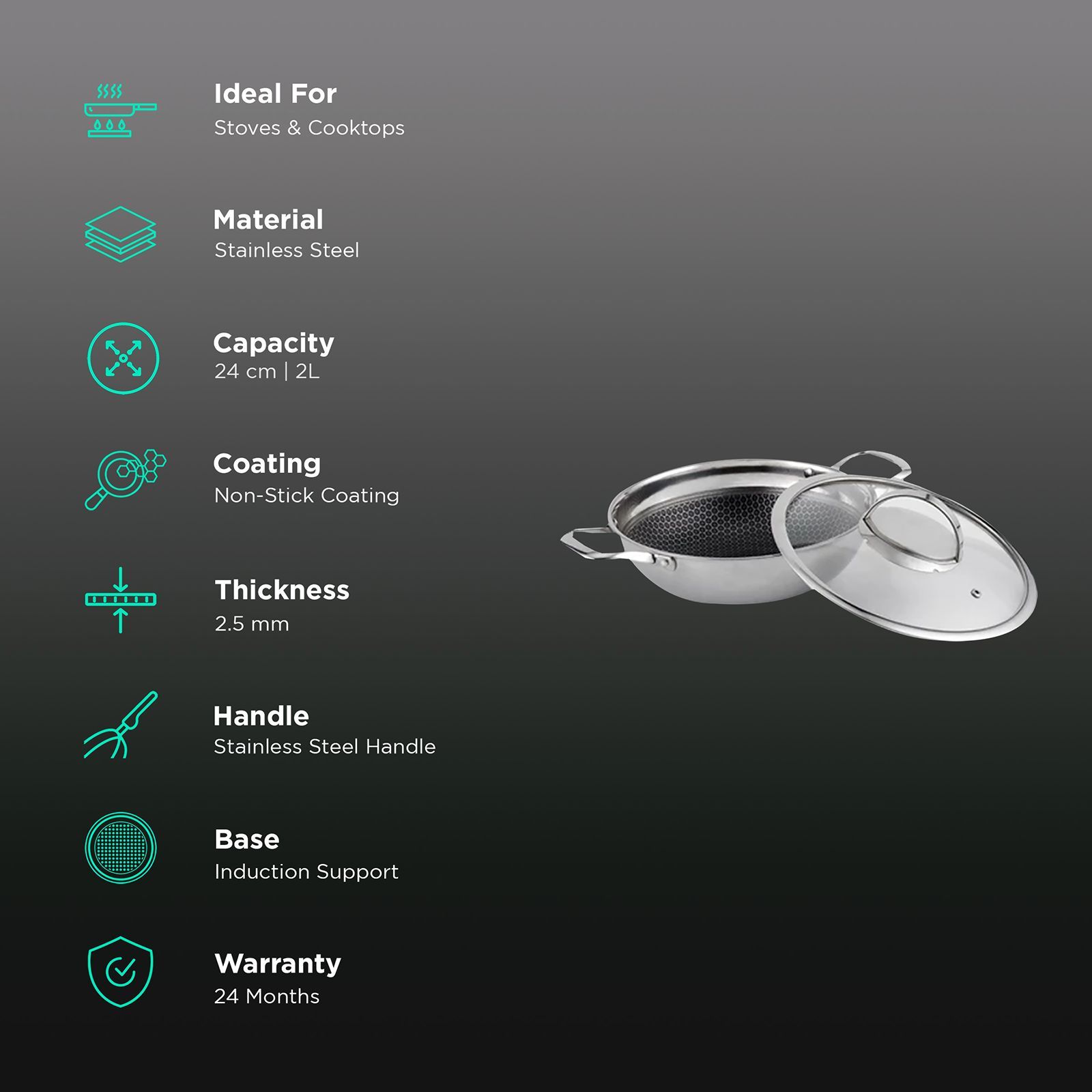 WONDERCHEF Stanton Kadhai with Lid (304 Stainless Steel Body, 63152778, Silver)_3