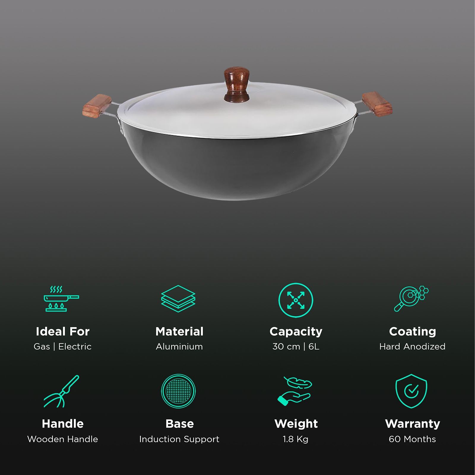 WONDERCHEF Ebony 6L Non Stick Aluminium Deep Kadai with Lid (Induction Compatible, Hard Anodized Coating, Black)_3