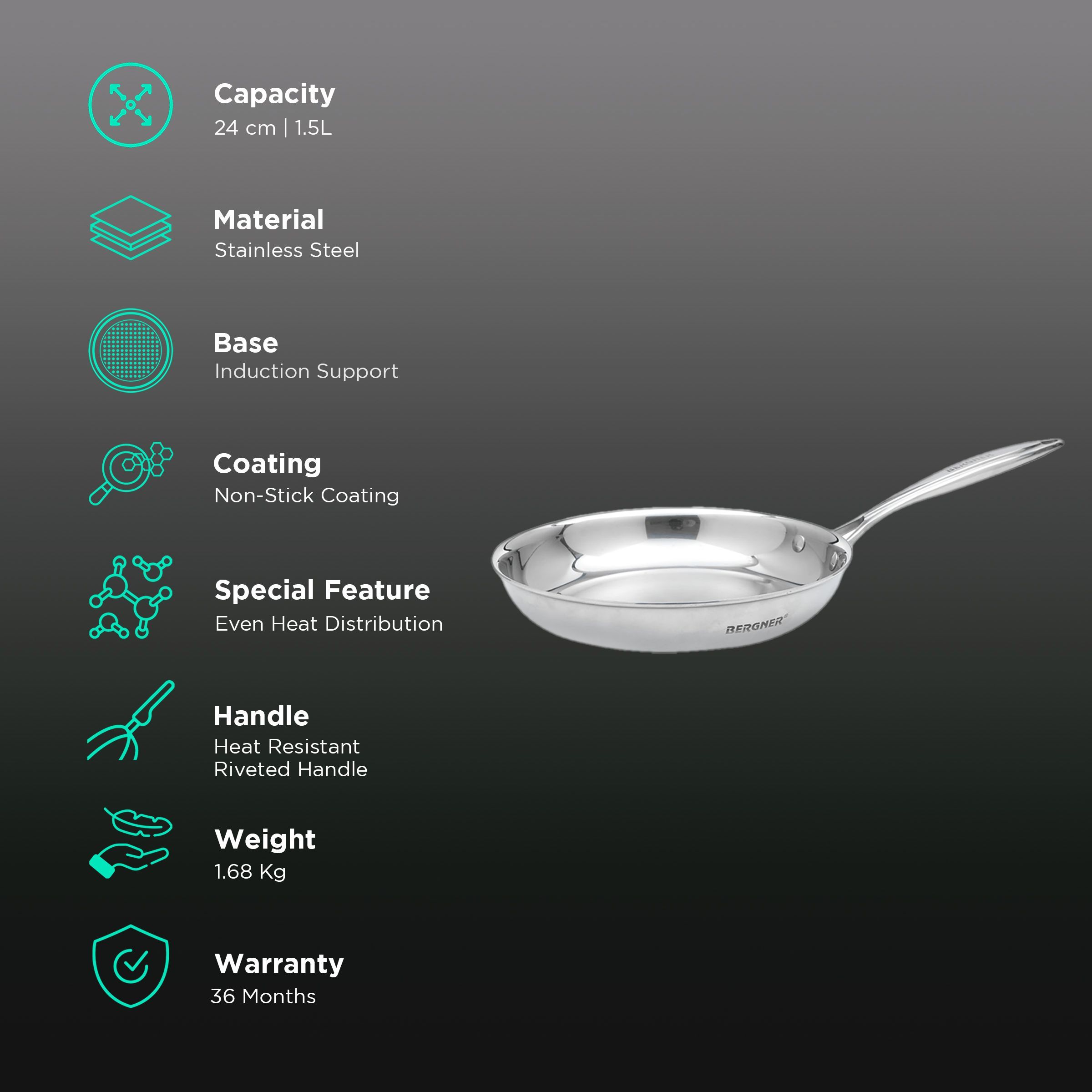 BERGNER Argent Triply 1.5L Non Stick Stainless Steel Fry Pan (Induction Compatible, Even Heat Distribution, Silver)_3