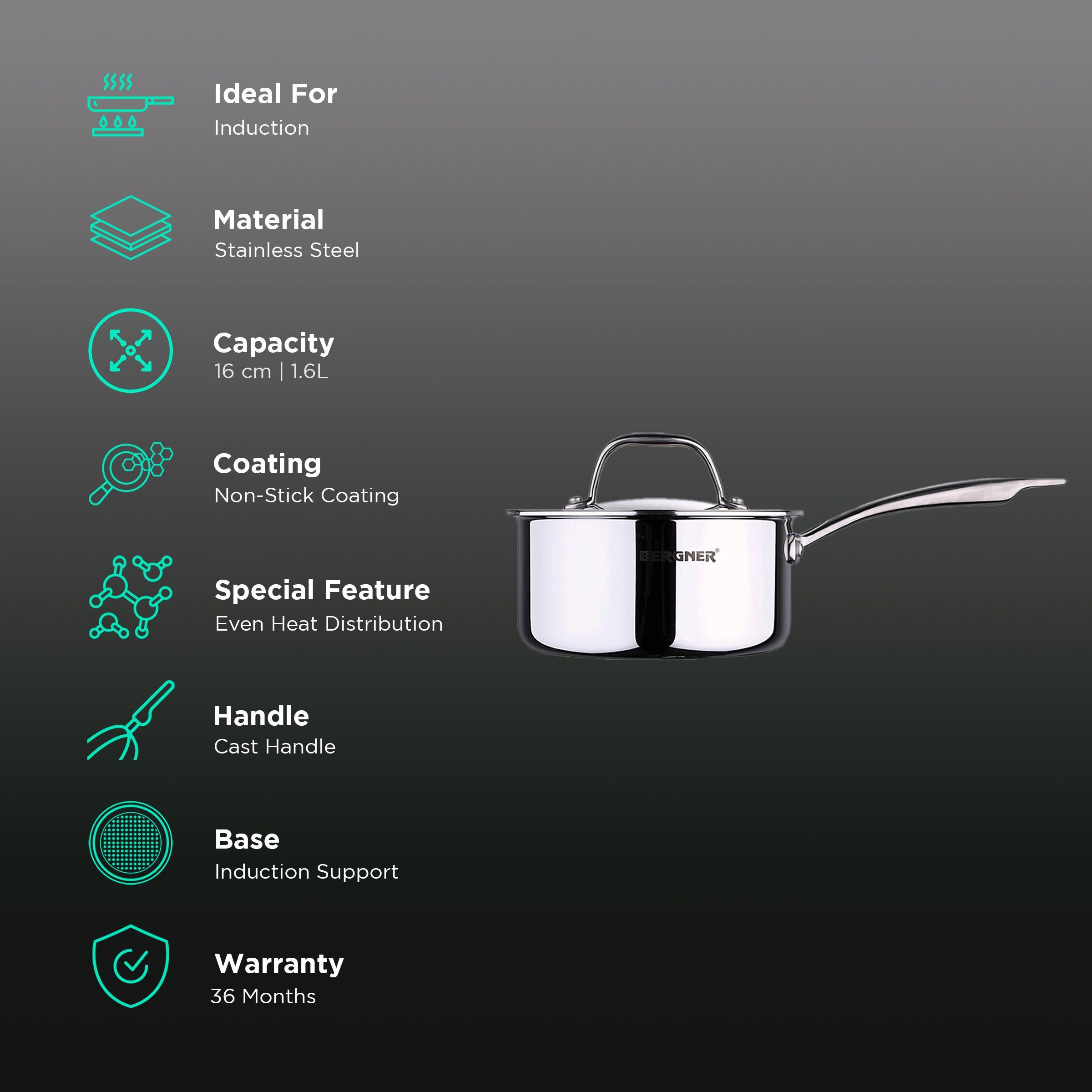 BERGNER Argent 1.6L Stainless Steel Sauce Pan with Stainless Steel Lid (Induction Compatible, Even Heat Distribution, Silver)_3