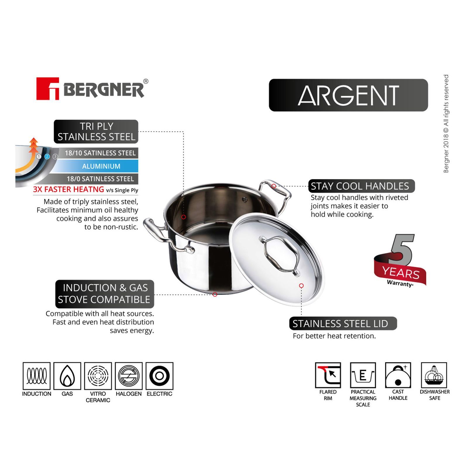 BERGNER Argent 3.1L Non Stick Stainless Steel Casserole with Stainless Steel Lid (Induction Compatible, Dishwasher Safe, Silver) BERGNER Argent 3.1L Non Stick Stainless Steel Casserole with Stainless Steel Lid (Induction Compatible, Dishwasher Safe, Silver)_10