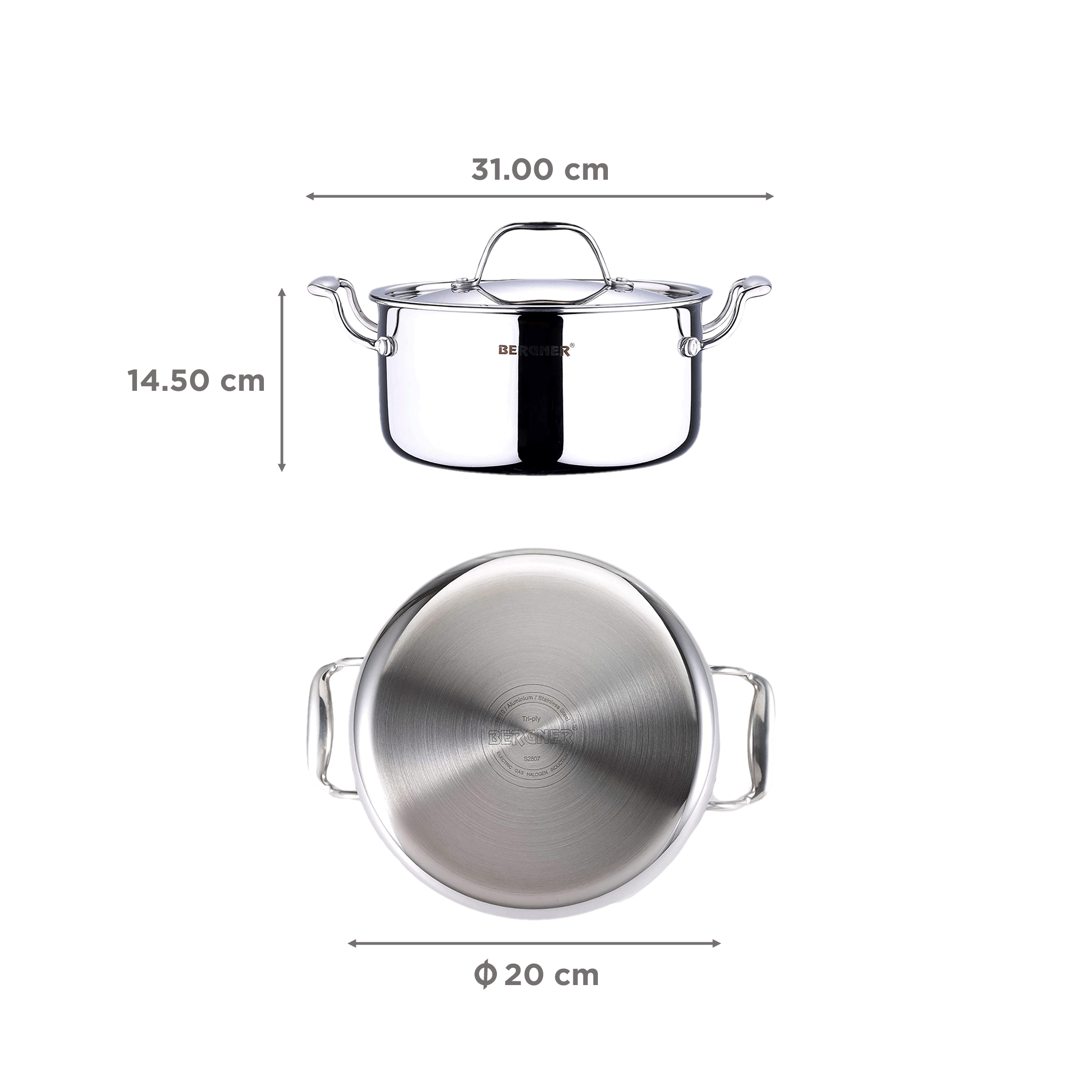 BERGNER Argent 3.1L Non Stick Stainless Steel Casserole with Stainless Steel Lid (Induction Compatible, Dishwasher Safe, Silver) BERGNER Argent 3.1L Non Stick Stainless Steel Casserole with Stainless Steel Lid (Induction Compatible, Dishwasher Safe, Silver)_2