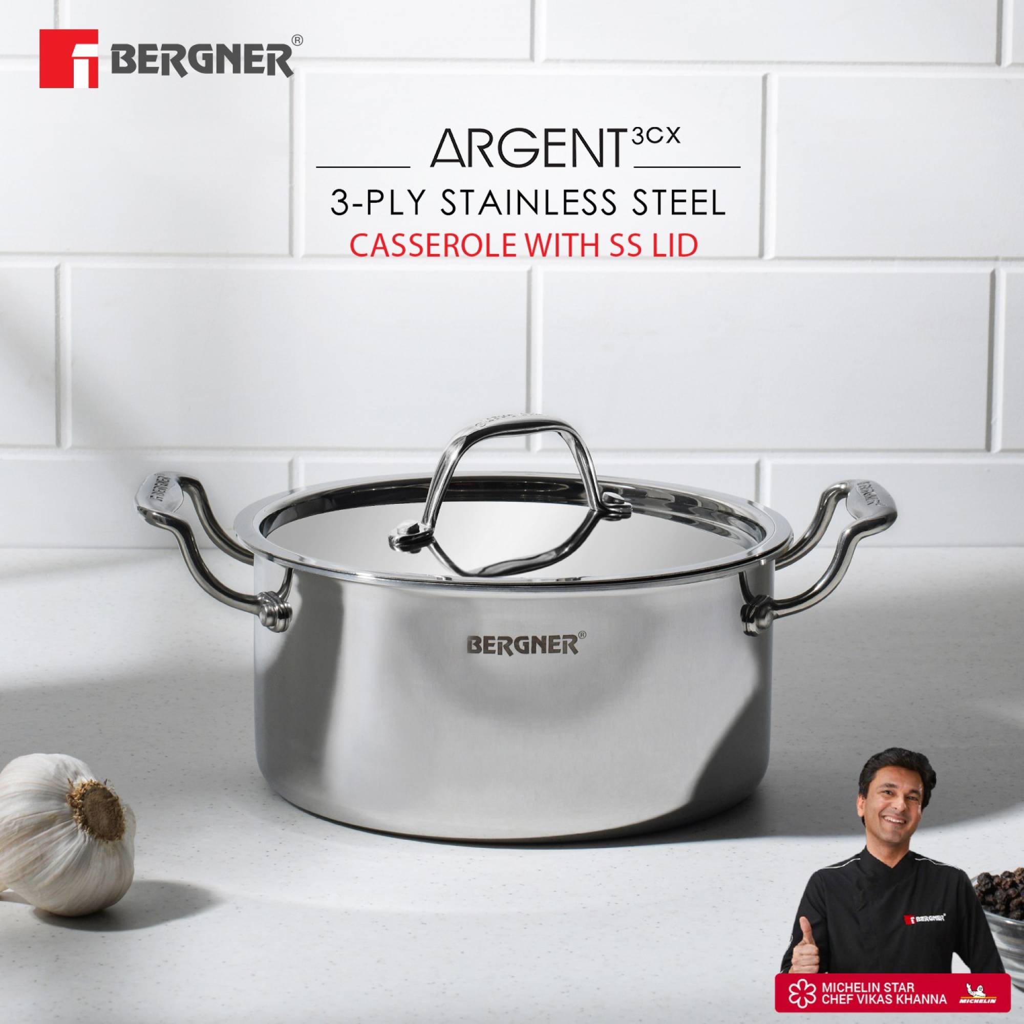 BERGNER Argent 3.1L Non Stick Stainless Steel Casserole with Stainless Steel Lid (Induction Compatible, Dishwasher Safe, Silver) BERGNER Argent 3.1L Non Stick Stainless Steel Casserole with Stainless Steel Lid (Induction Compatible, Dishwasher Safe, Silver)_7