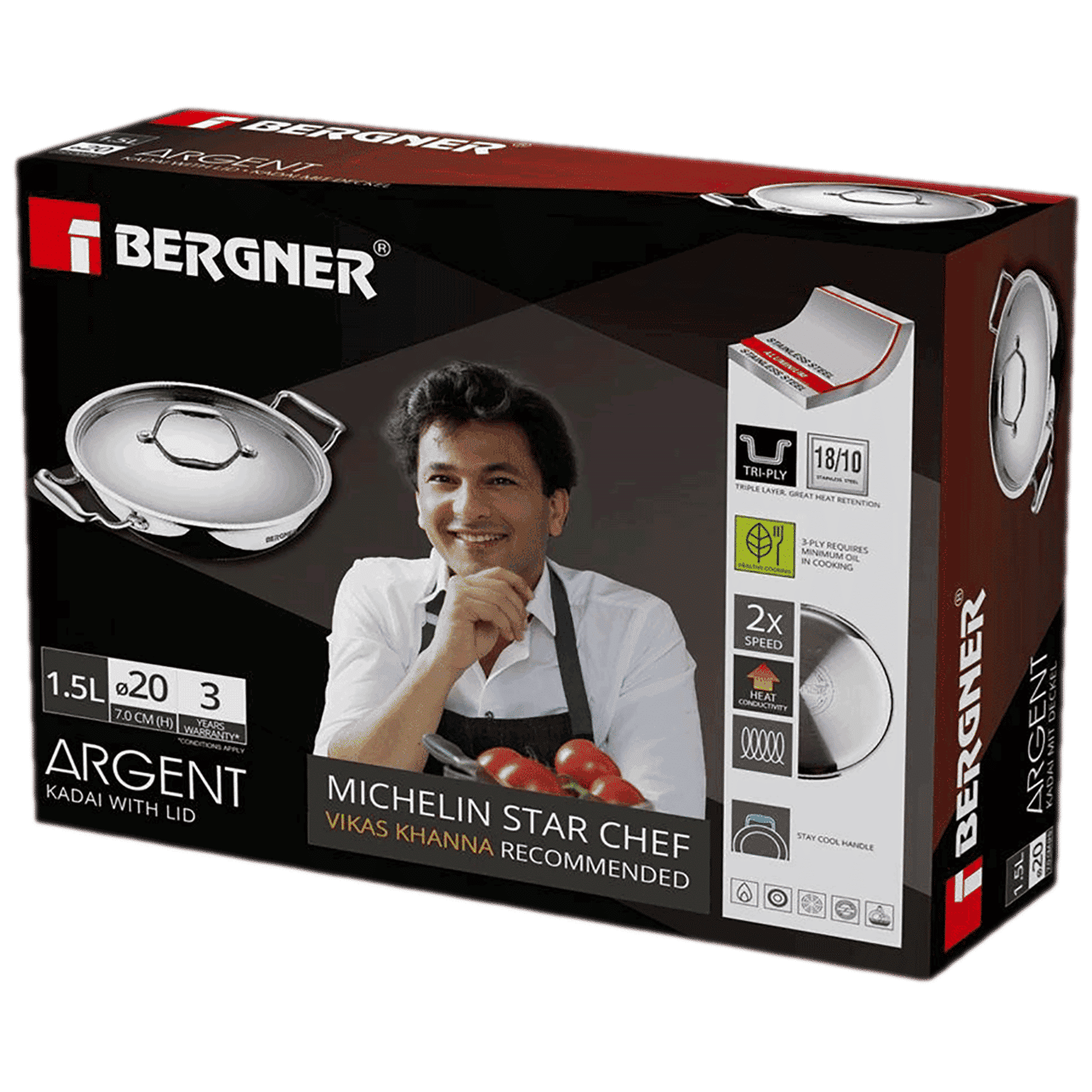 BERGNER Argent Triply 1.5L Non Stick Stainless Steel Kadhai with Stainless Steel Lid (Induction Compatible, Dishwasher Safe, Silver)_12