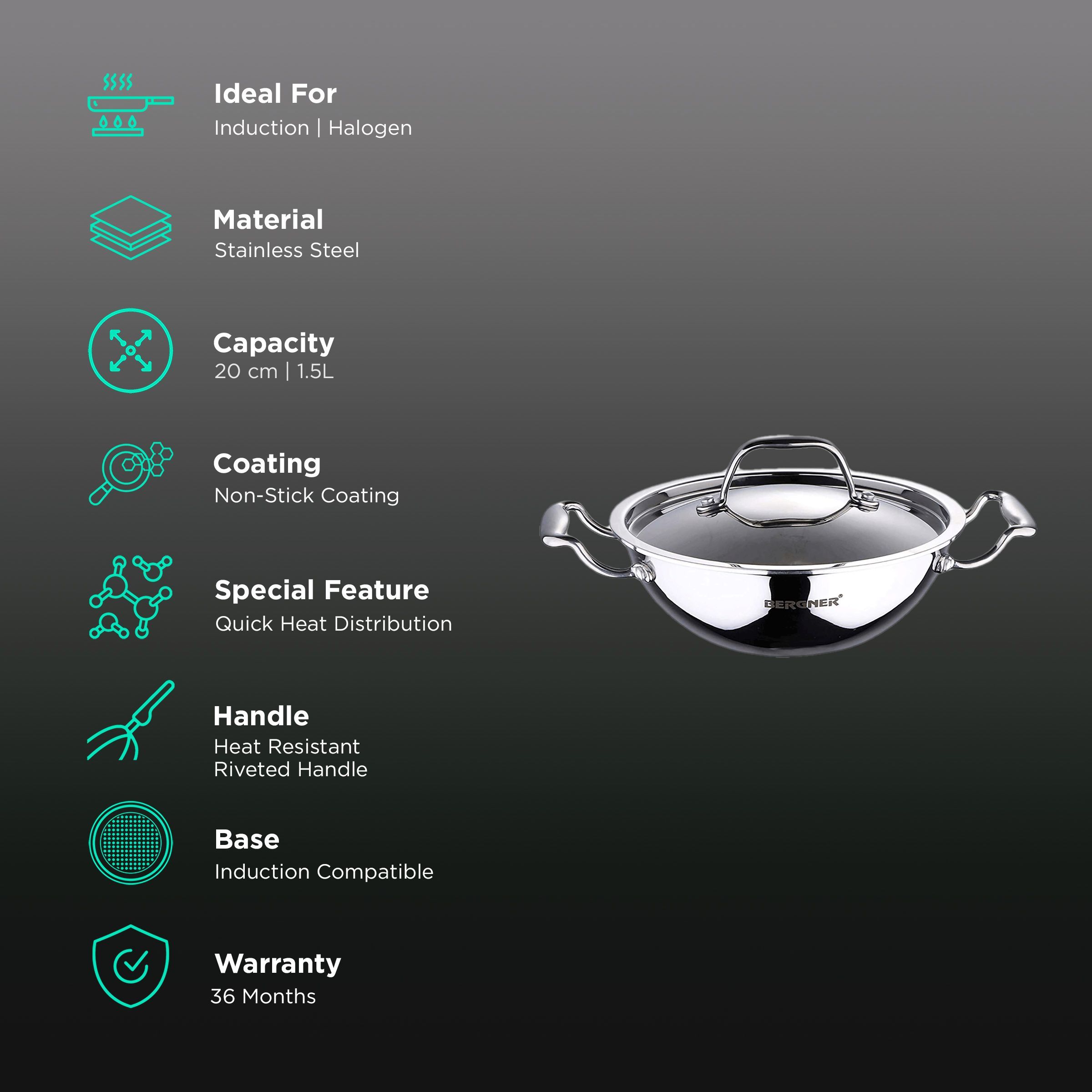 BERGNER Argent Triply 1.5L Non Stick Stainless Steel Kadhai with Stainless Steel Lid (Induction Compatible, Dishwasher Safe, Silver)_2