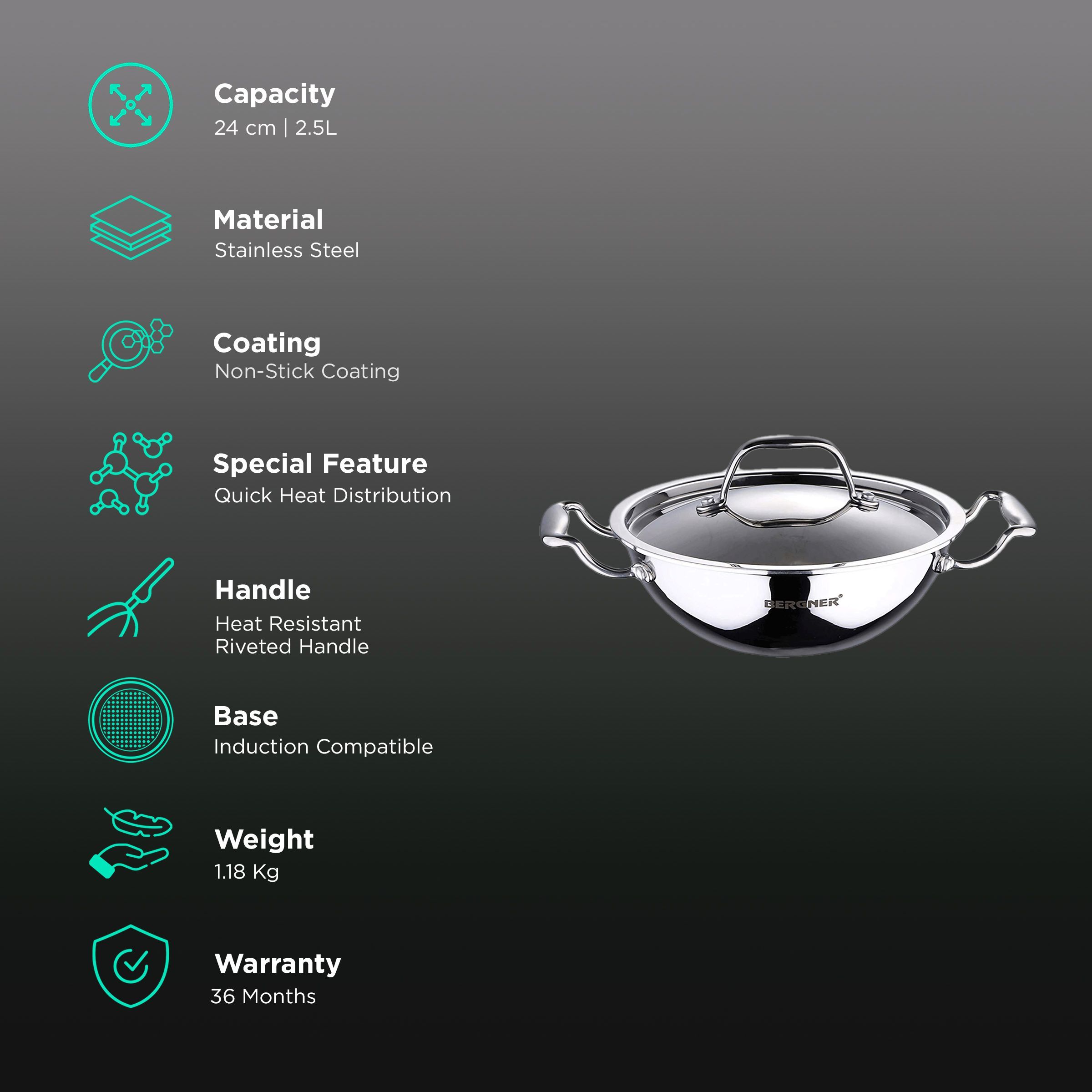 BERGNER Argent 2.5L Non Stick Stainless Steel Kadhai with Stainless Steel Lid (Induction Compatible, Dishwasher Safe, Silver)_2