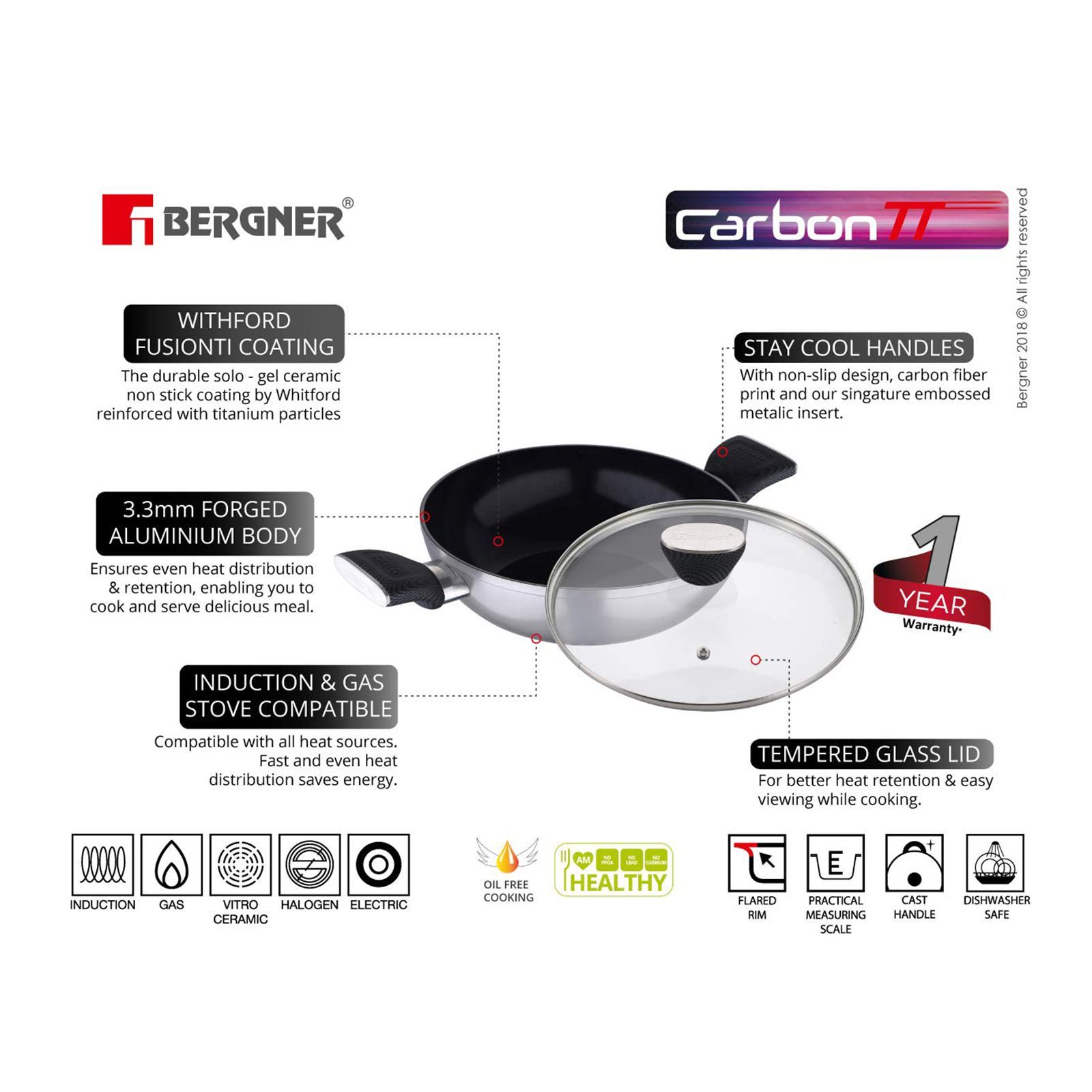 BERGNER Carbon TT 3.5L Non Stick Aluminium Kadhai with Tempered Glass Lid (Induction Compatible, Dishwasher Safe, Silver) BERGNER Carbon TT 3.5L Non Stick Aluminium Kadhai with Tempered Glass Lid (Induction Compatible, Dishwasher Safe, Silver)_10