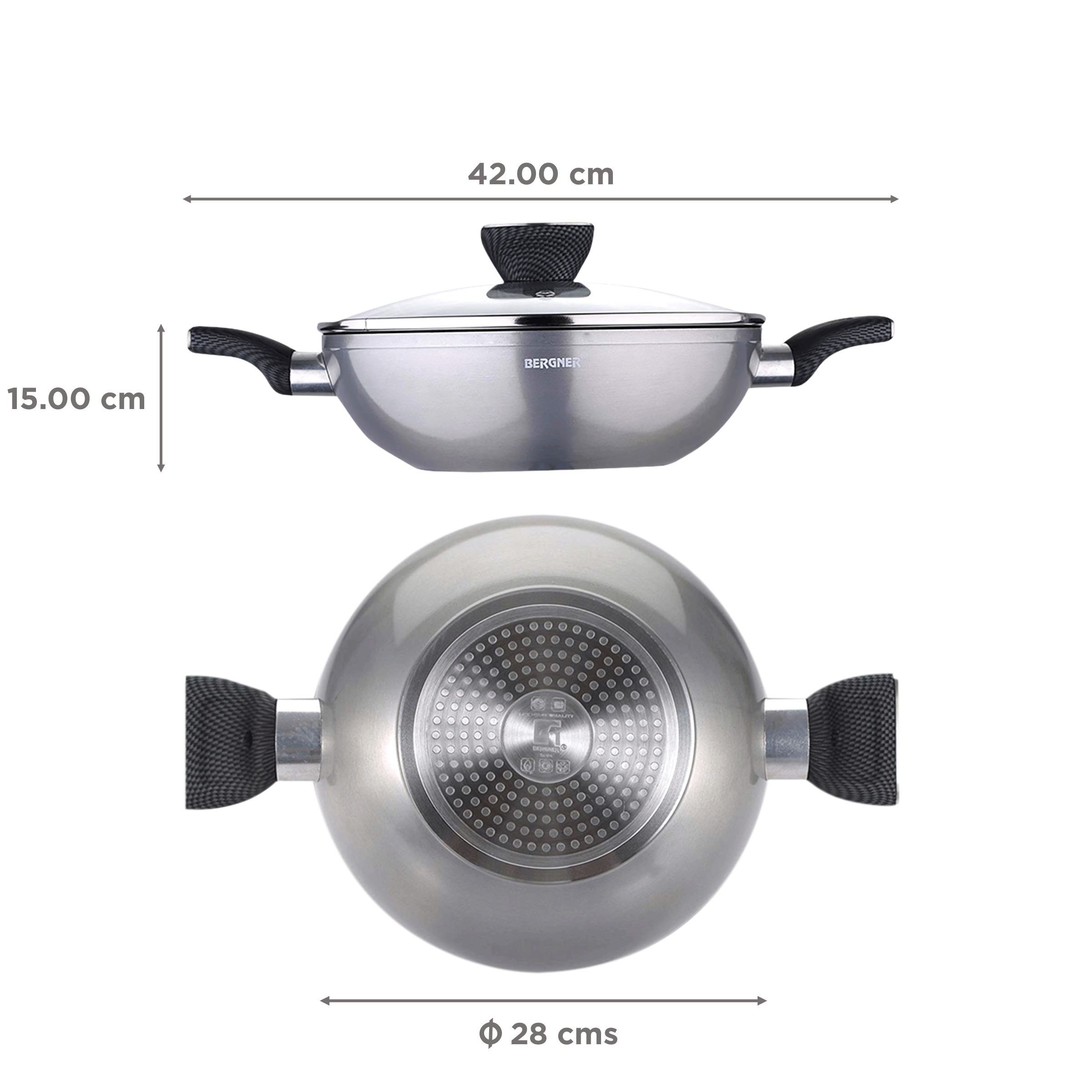 BERGNER Carbon TT 3.5L Non Stick Aluminium Kadhai with Tempered Glass Lid (Induction Compatible, Dishwasher Safe, Silver) BERGNER Carbon TT 3.5L Non Stick Aluminium Kadhai with Tempered Glass Lid (Induction Compatible, Dishwasher Safe, Silver)_2