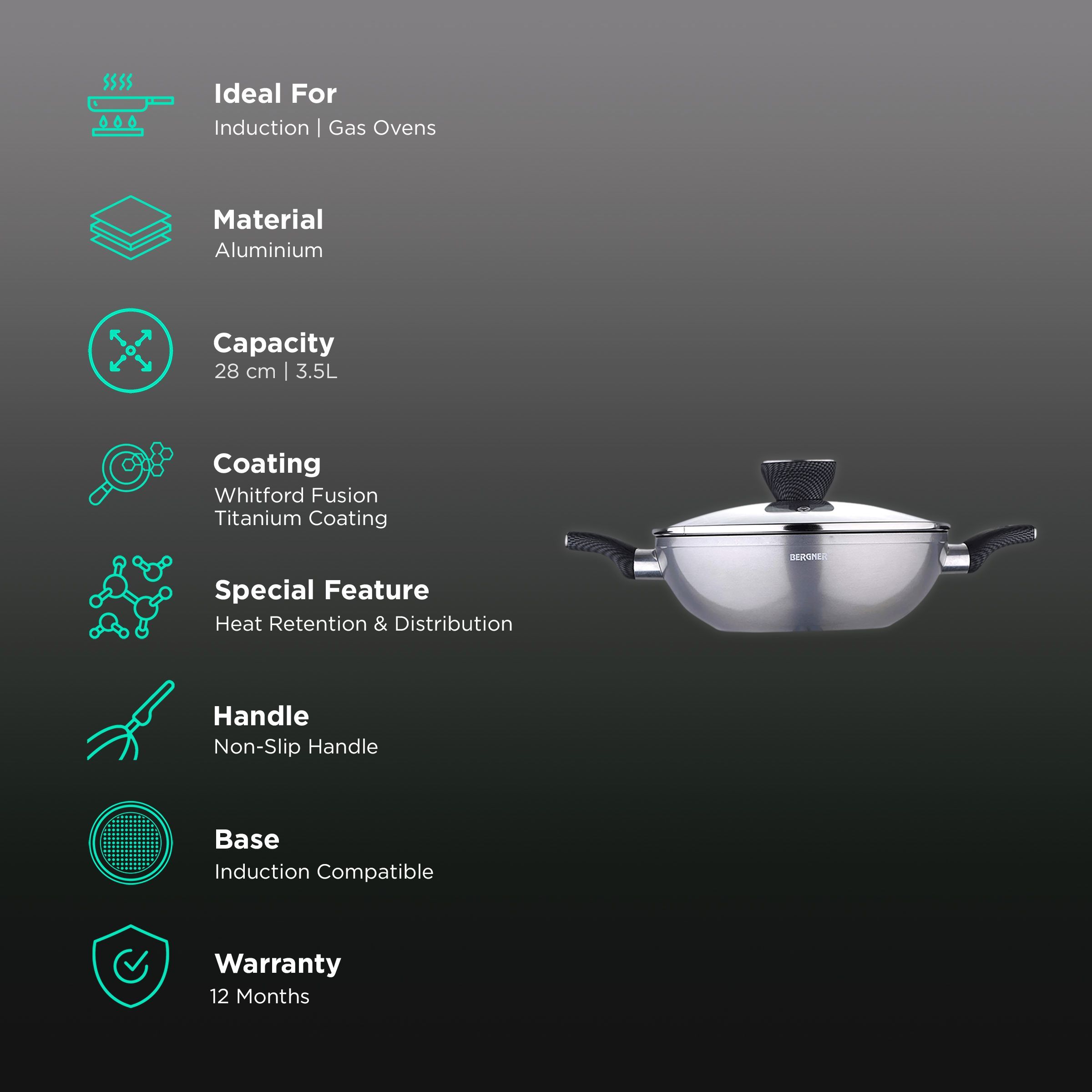 BERGNER Carbon TT 3.5L Non Stick Aluminium Kadhai with Tempered Glass Lid (Induction Compatible, Dishwasher Safe, Silver) BERGNER Carbon TT 3.5L Non Stick Aluminium Kadhai with Tempered Glass Lid (Induction Compatible, Dishwasher Safe, Silver)_3