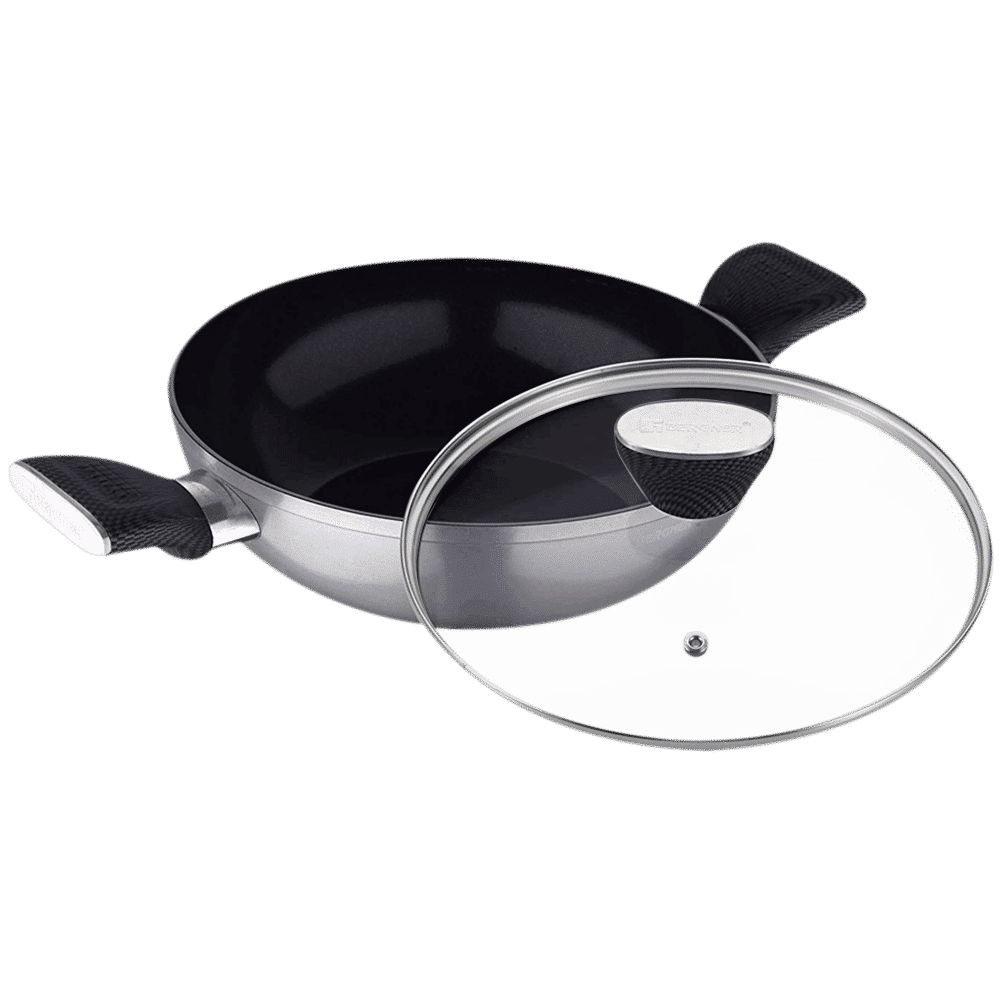 BERGNER Carbon TT 3.5L Non Stick Aluminium Kadhai with Tempered Glass Lid (Induction Compatible, Dishwasher Safe, Silver) BERGNER Carbon TT 3.5L Non Stick Aluminium Kadhai with Tempered Glass Lid (Induction Compatible, Dishwasher Safe, Silver)_4