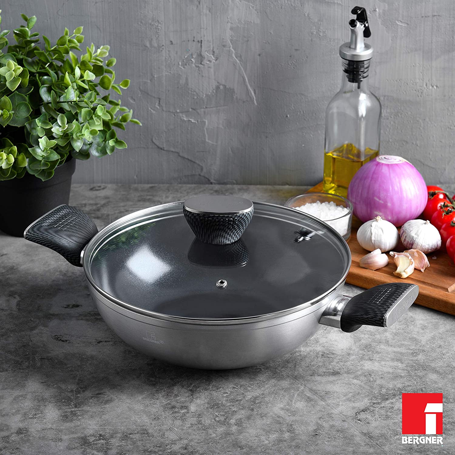 BERGNER Carbon TT 3.5L Non Stick Aluminium Kadhai with Tempered Glass Lid (Induction Compatible, Dishwasher Safe, Silver) BERGNER Carbon TT 3.5L Non Stick Aluminium Kadhai with Tempered Glass Lid (Induction Compatible, Dishwasher Safe, Silver)_7