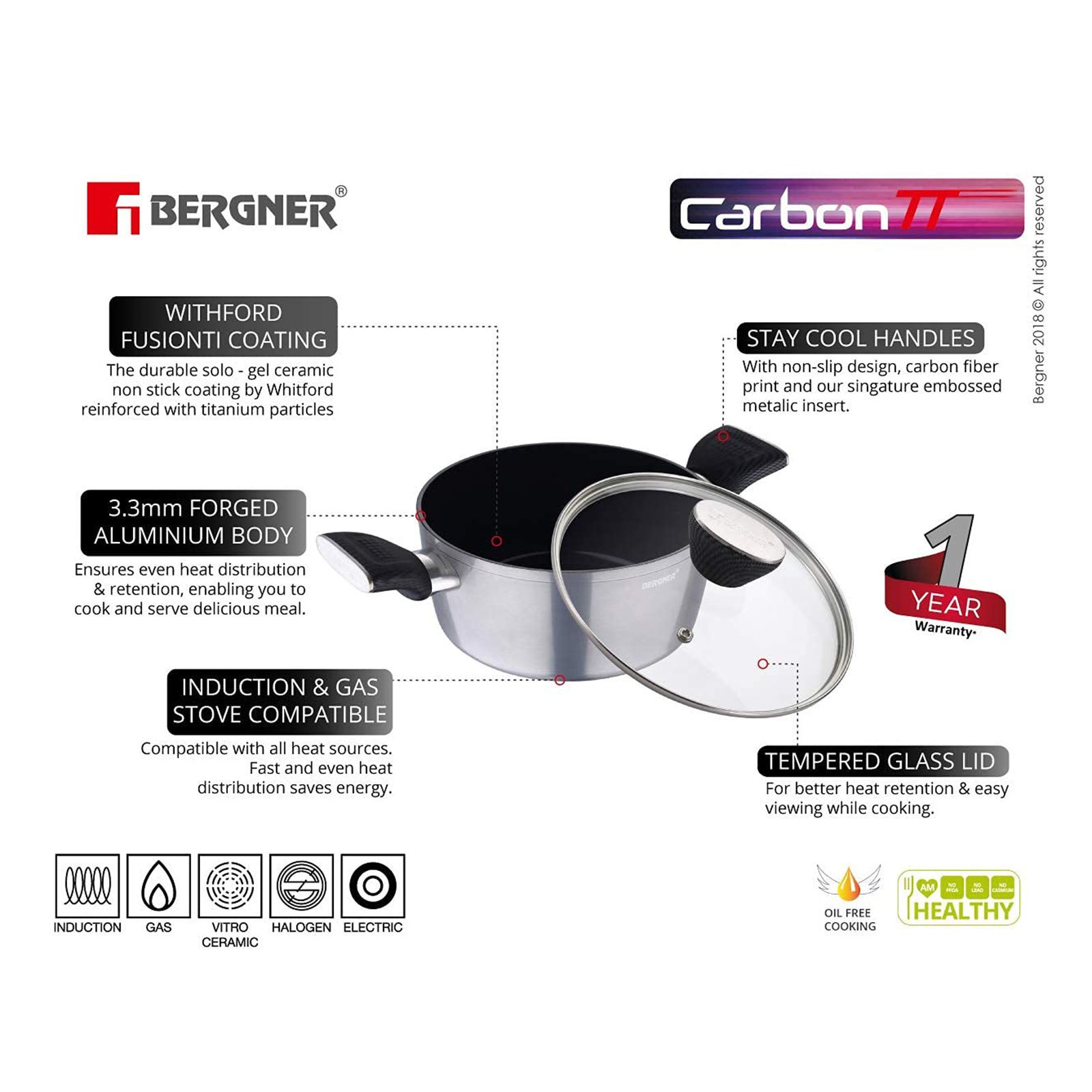 BERGNER Carbon TT 2.5L Non Stick Aluminium Casserole with Tempered Glass Lid (Induction Compatible, Dishwasher Safe, Silver) BERGNER Carbon TT 2.5L Non Stick Aluminium Casserole with Tempered Glass Lid (Induction Compatible, Dishwasher Safe, Silver)_8