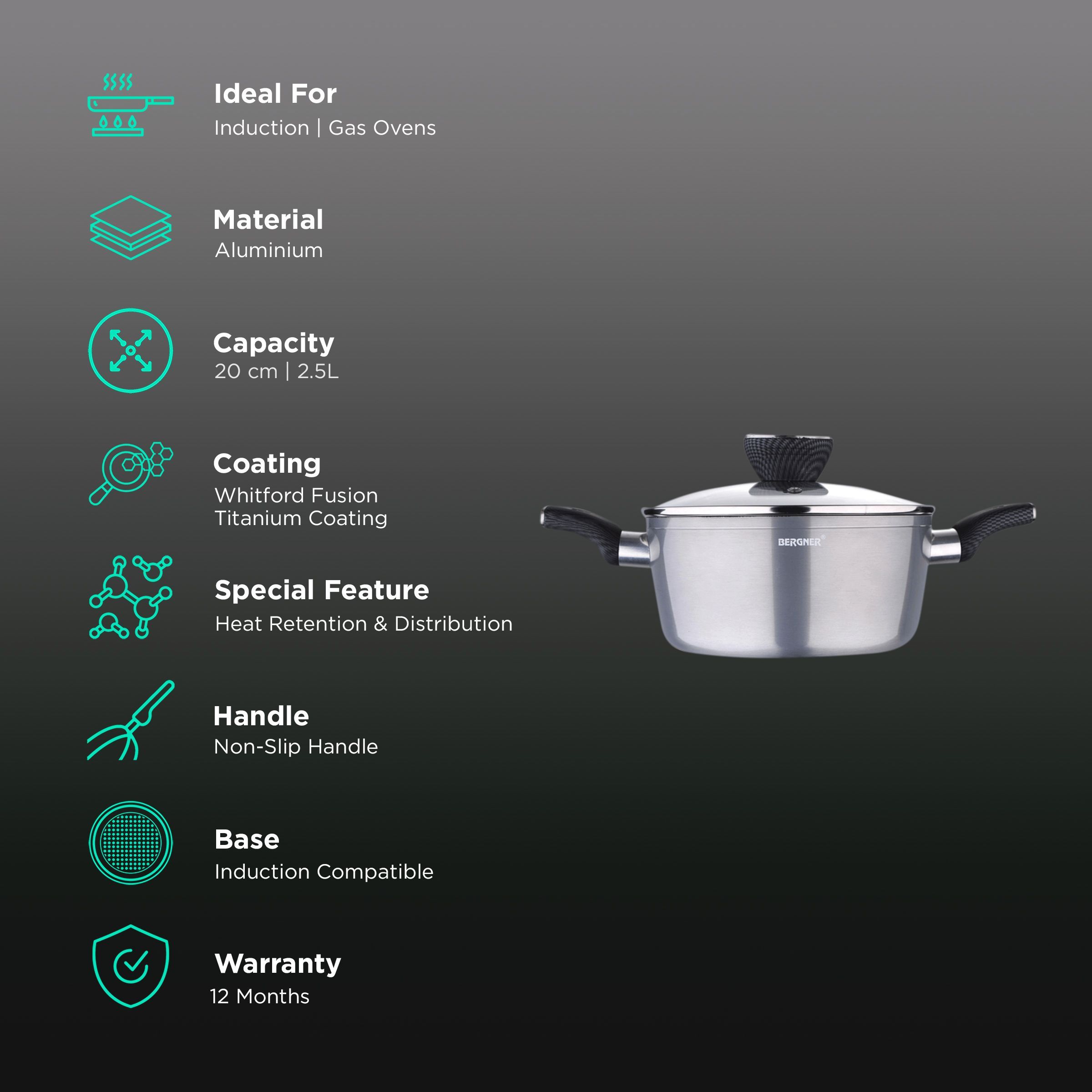 BERGNER Carbon TT 2.5L Non Stick Aluminium Casserole with Tempered Glass Lid (Induction Compatible, Dishwasher Safe, Silver) BERGNER Carbon TT 2.5L Non Stick Aluminium Casserole with Tempered Glass Lid (Induction Compatible, Dishwasher Safe, Silver)_3