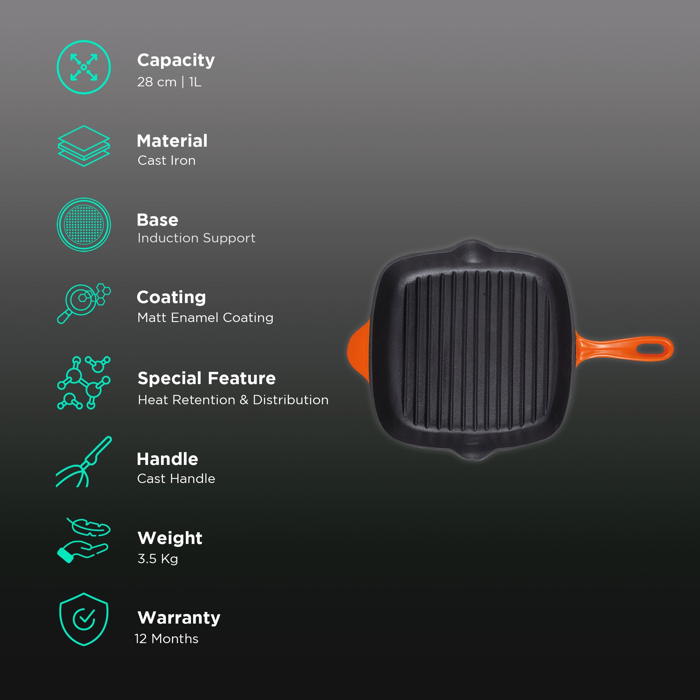 BERGNER Eros 1L Non Stick Cast Iron Grill Pan (Induction Compatible, Dishwasher Safe, Orange)_3