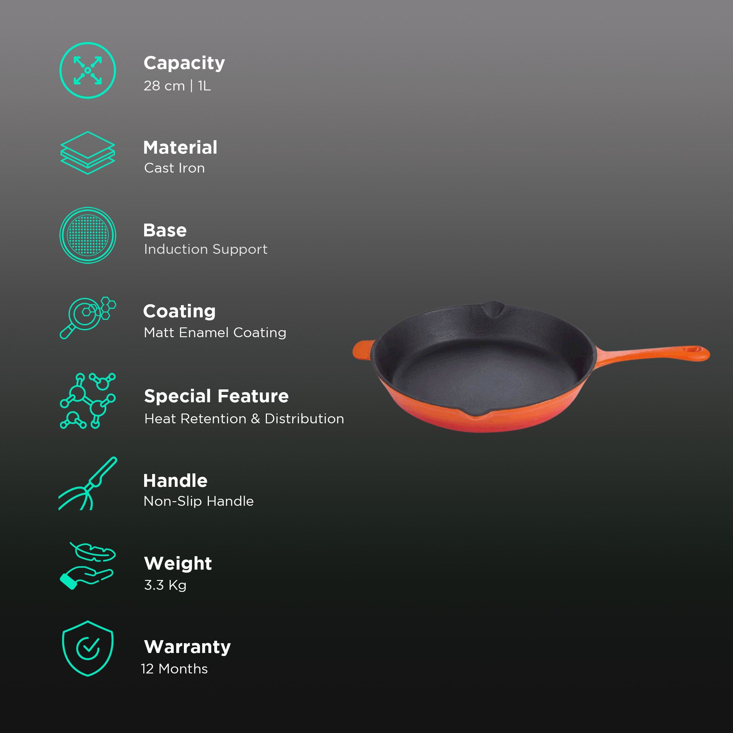 BERGNER Eros 1L Non Stick Cast Iron Fry Pan (Induction Compatible, Dishwasher Safe, Orange)_3