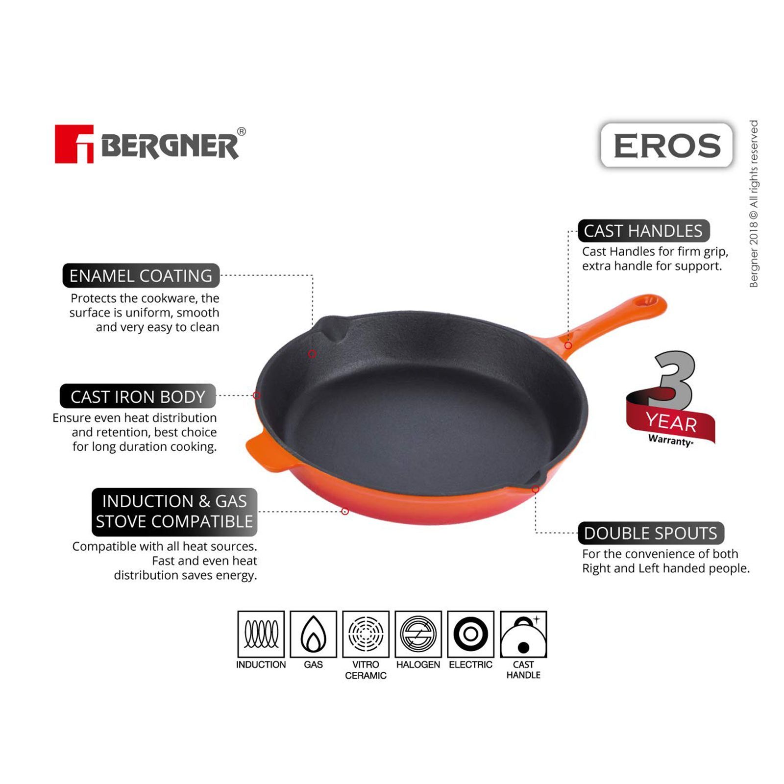 BERGNER Eros 1L Non Stick Cast Iron Fry Pan (Induction Compatible, Dishwasher Safe, Orange)_6