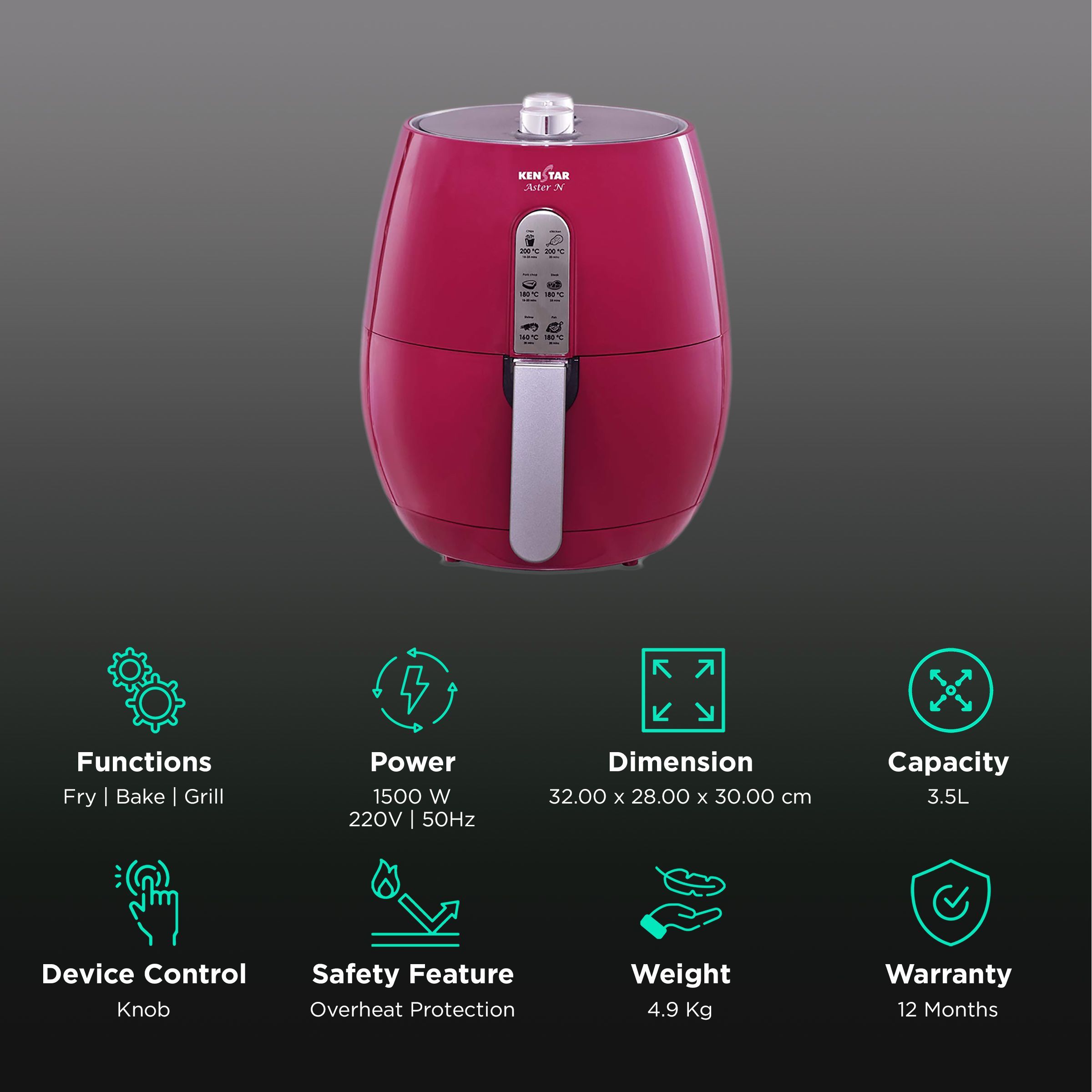 KENSTAR Aster-N 3.5L 1500 Watt Air Fryer with Overheat Protection (Maroon)_3