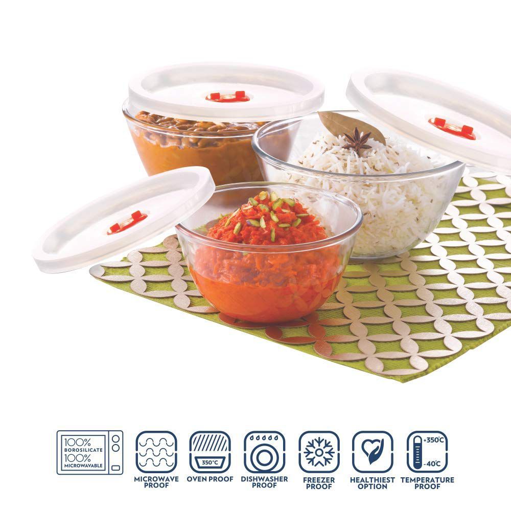 BOROSIL 500ml, 900ml & 1.3L Borosilicate Glass Mixing Bowl with White Lid (Set of 3, Scratch Resistant, Transparent)_9