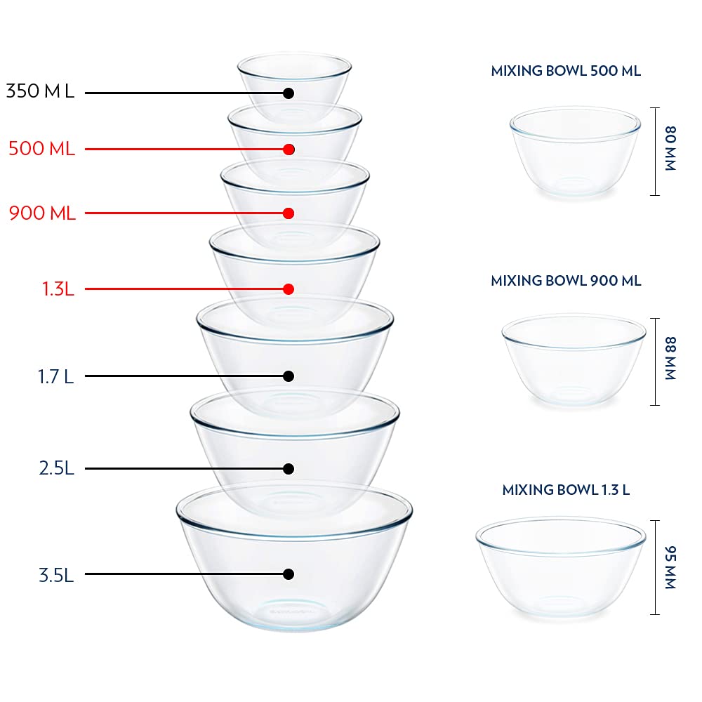 BOROSIL 500ml, 900ml & 1.3L Borosilicate Glass Mixing Bowl with White Lid (Set of 3, Scratch Resistant, Transparent)_10