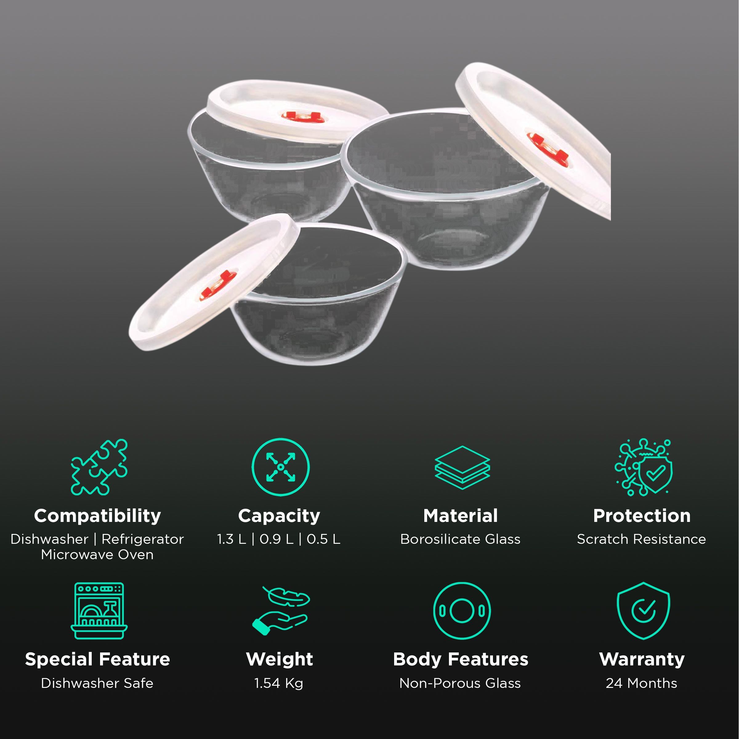 BOROSIL 500ml, 900ml & 1.3L Borosilicate Glass Mixing Bowl with White Lid (Set of 3, Scratch Resistant, Transparent)_2