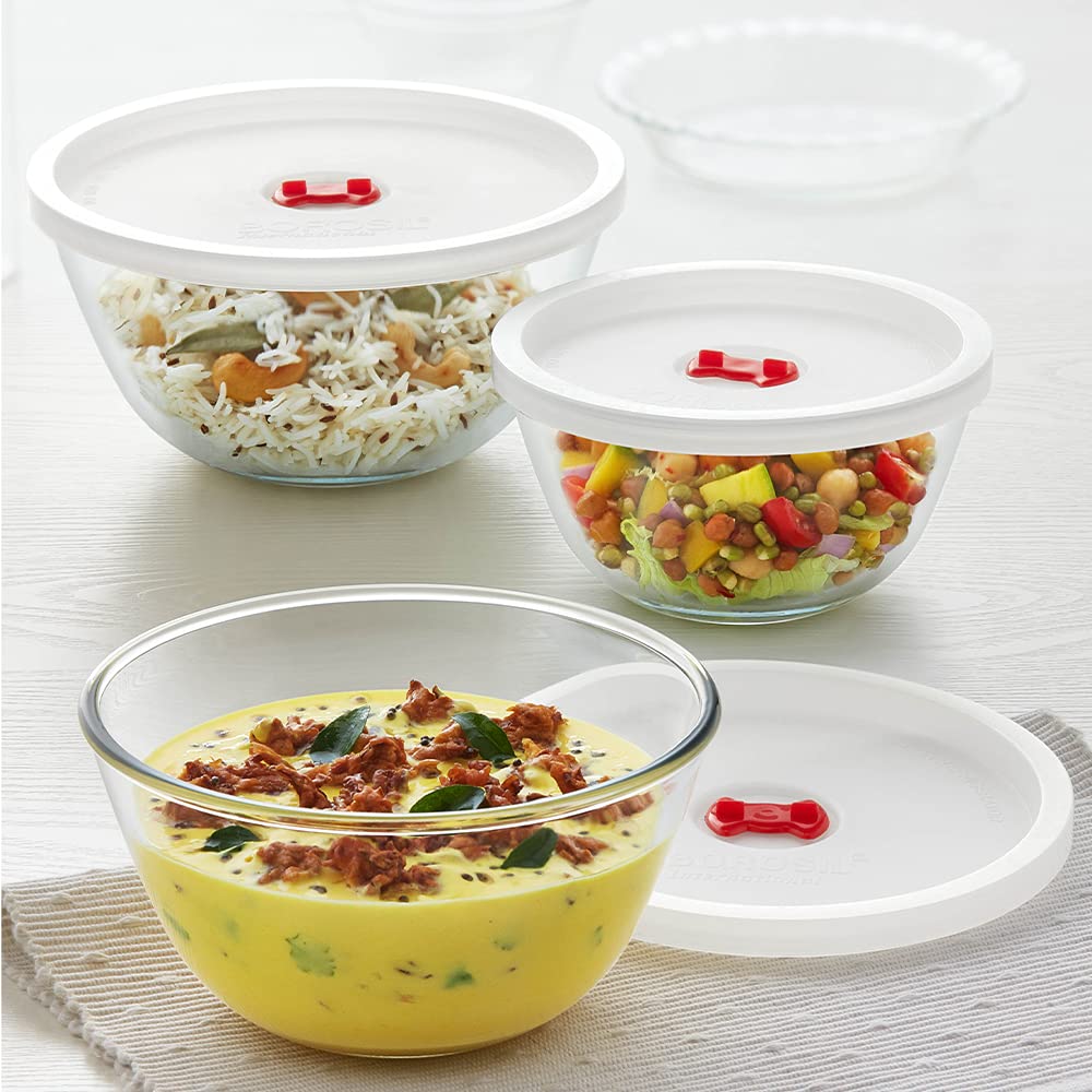 BOROSIL 500ml, 900ml & 1.3L Borosilicate Glass Mixing Bowl with White Lid (Set of 3, Scratch Resistant, Transparent)_8