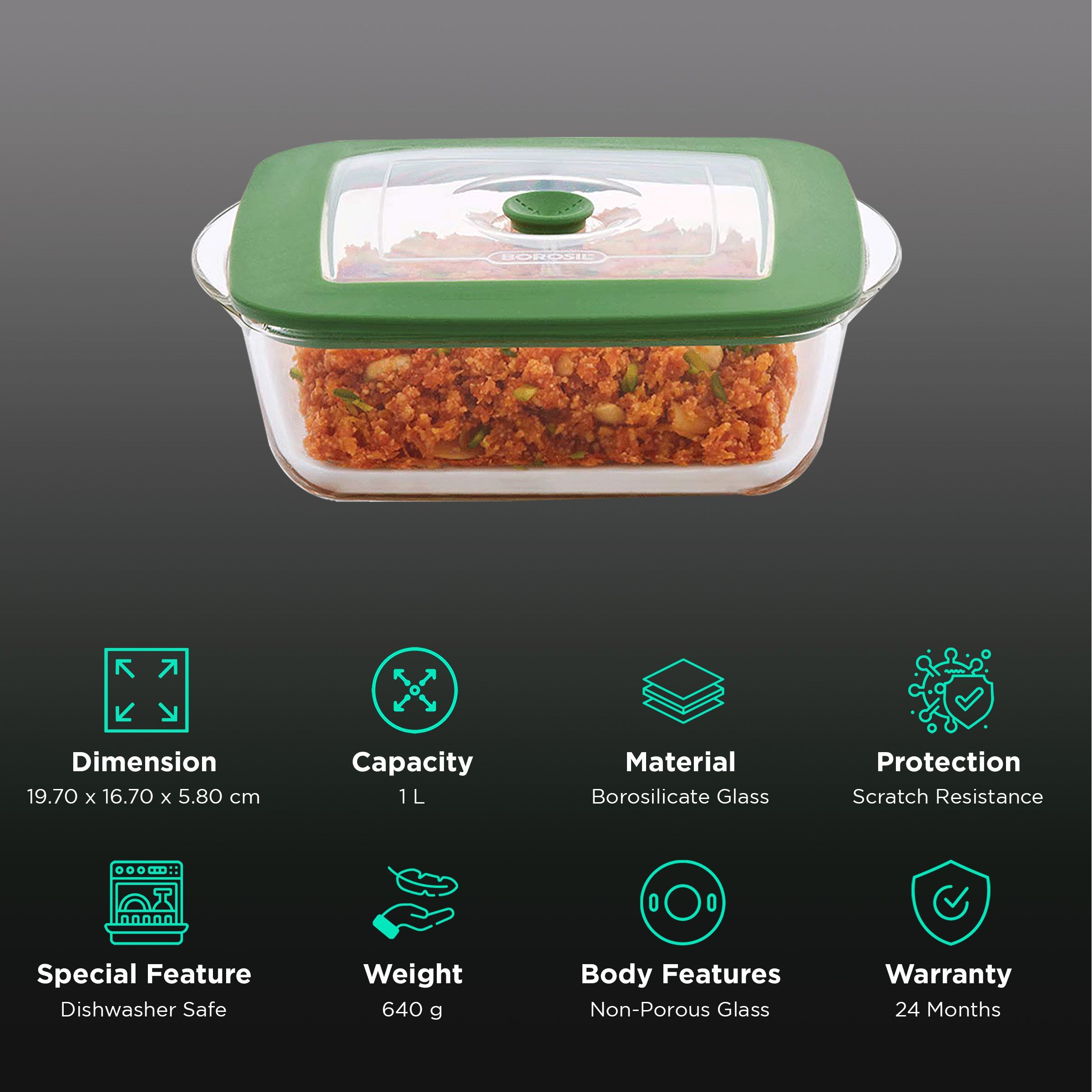 BOROSIL 1L Borosilicate Glass Square Dish with Green Lid (Scratch Resistant, Transparent)_2