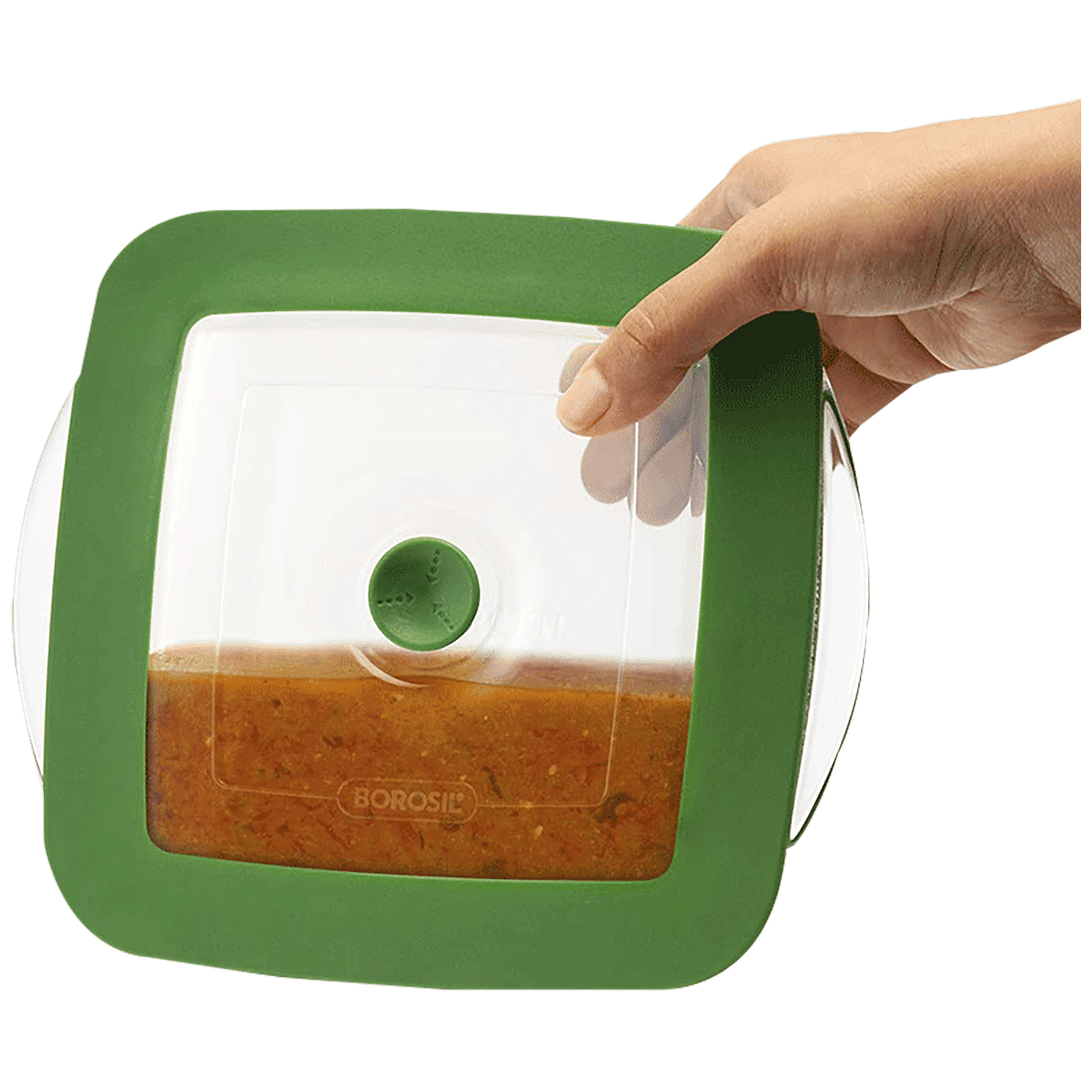BOROSIL 1L Borosilicate Glass Square Dish with Green Lid (Scratch Resistant, Transparent)_4