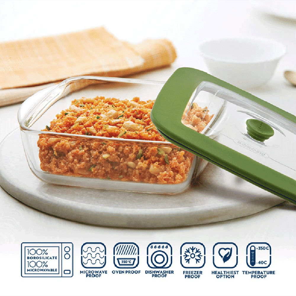 BOROSIL 1L Borosilicate Glass Square Dish with Green Lid (Scratch Resistant, Transparent)_7
