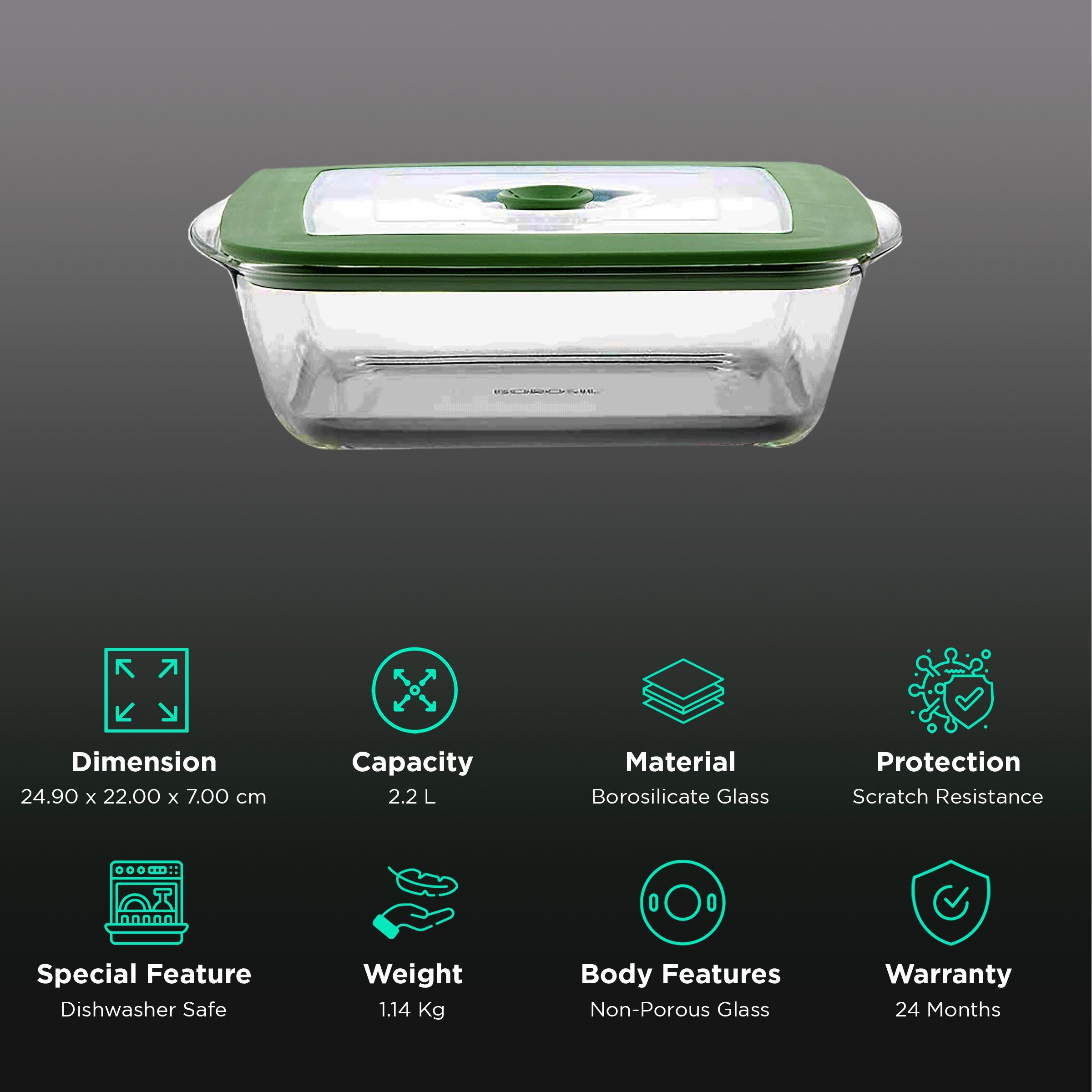BOROSIL 2.2L Borosilicate Glass Square Dish with Green Lid (Scratch Resistant, Transparent)_2
