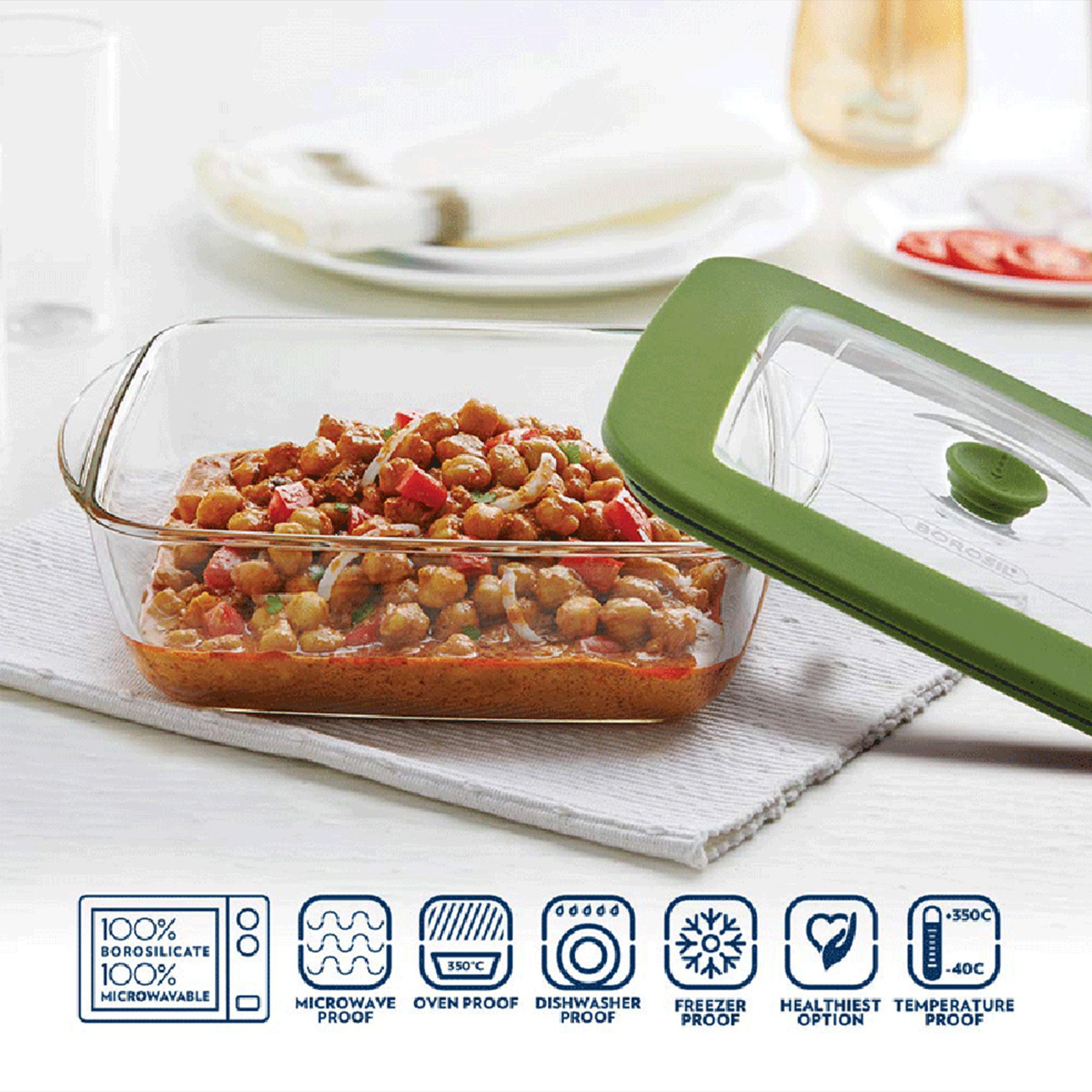 BOROSIL 2.2L Borosilicate Glass Square Dish with Green Lid (Scratch Resistant, Transparent)_6