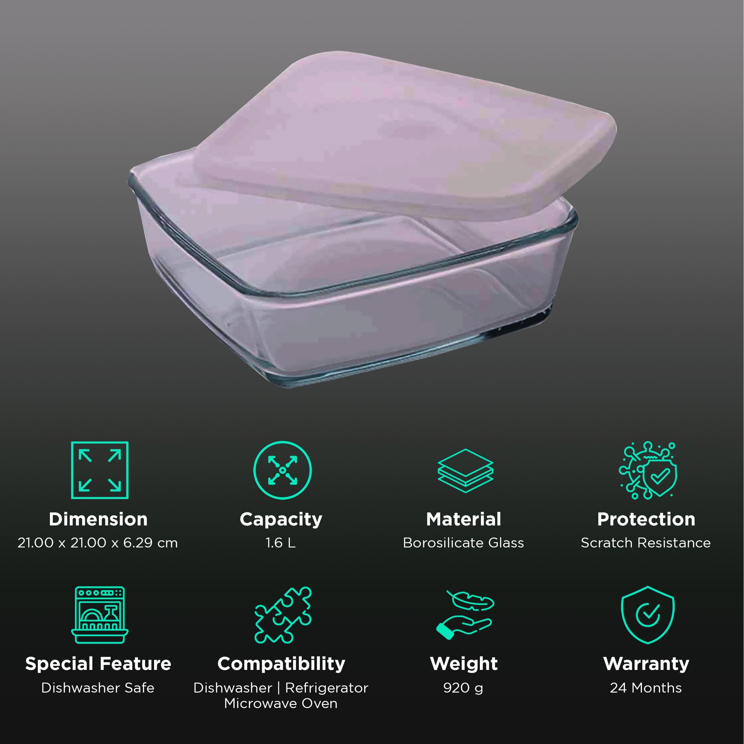 BOROSIL 1.6L Borosilicate Glass Square Baking Dish (Scratch Resistant, Transparent)_2