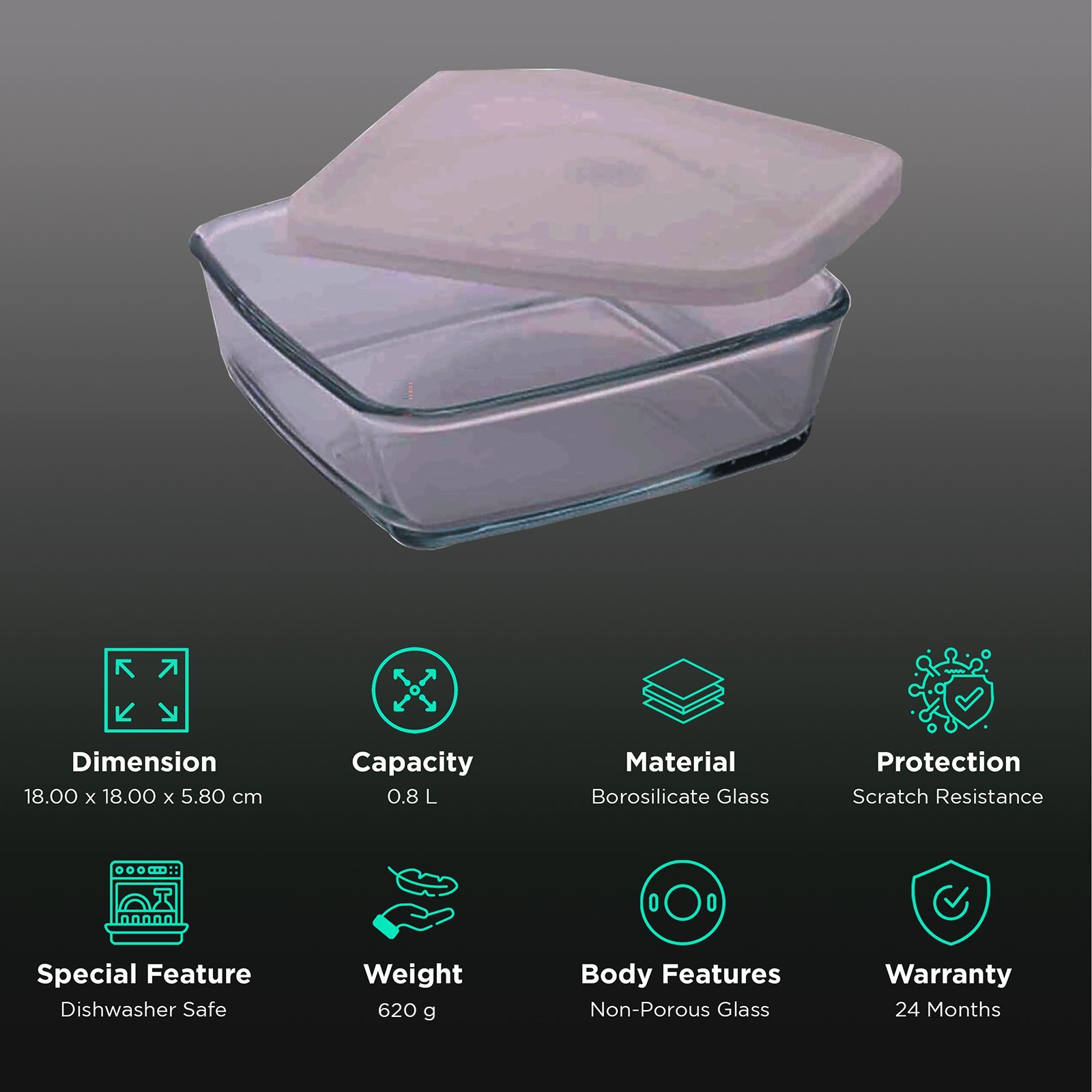 BOROSIL 800ml Borosilicate Glass Square Baking Dish with Lid (Scratch Resistant, Transparent)_2