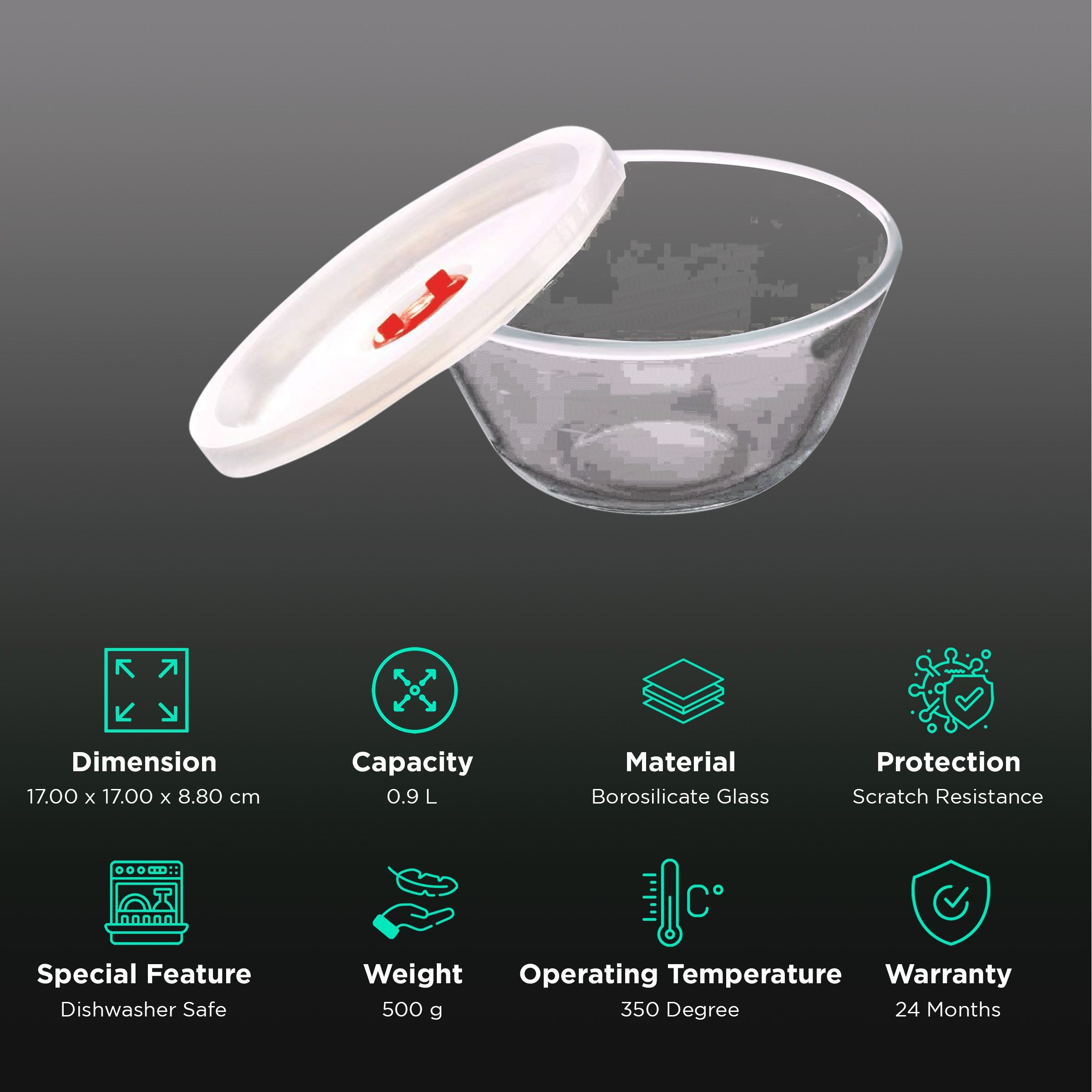 BOROSIL 900ml Borosilicate Glass Mixing & Serving Bowl with White Lid (Scratch Resistant, Transparent)_2