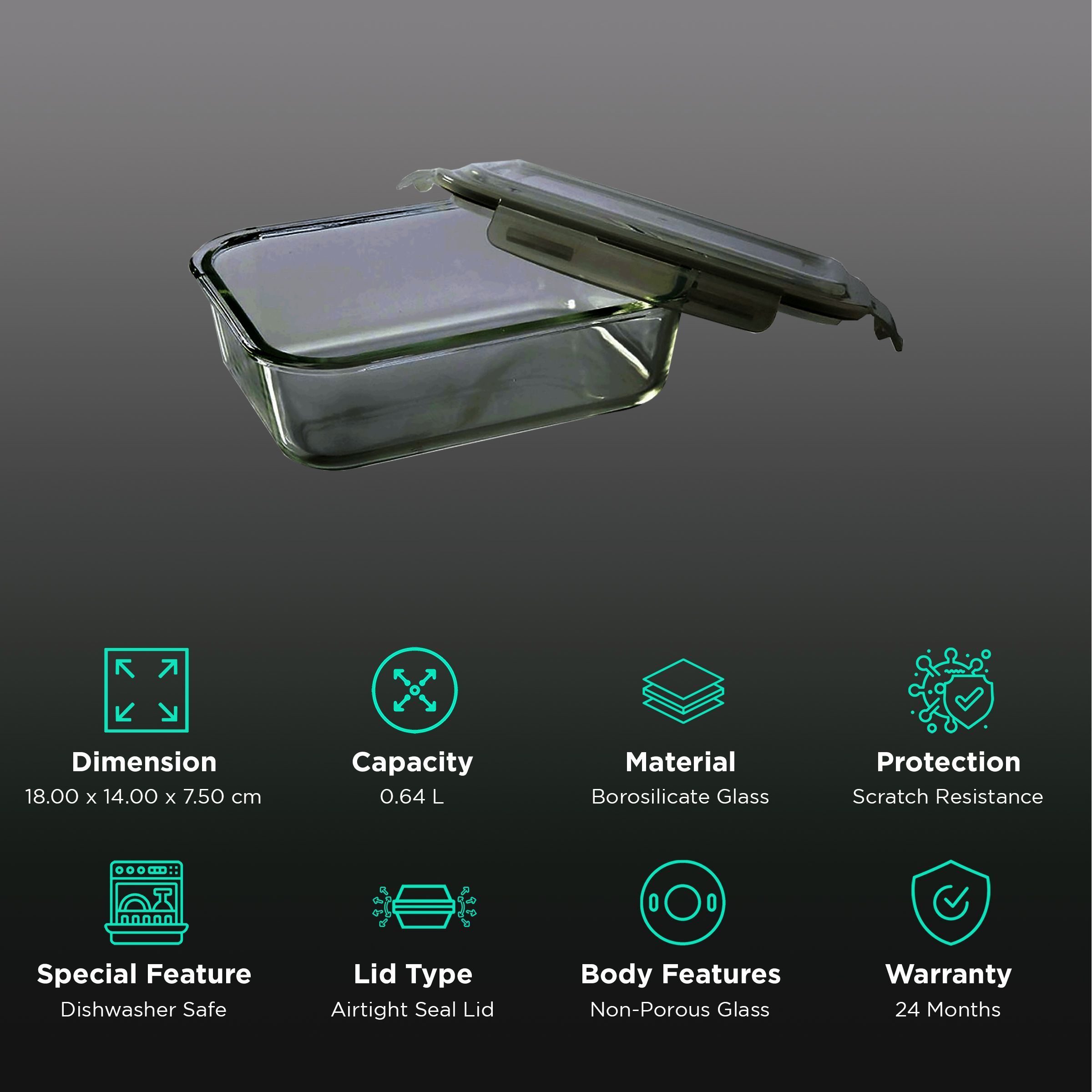 BOROSIL Klip n Store 640ml Borosilicate Glass Rectangle Storage Container with Lid (Scratch Resistant, Transparent)_2