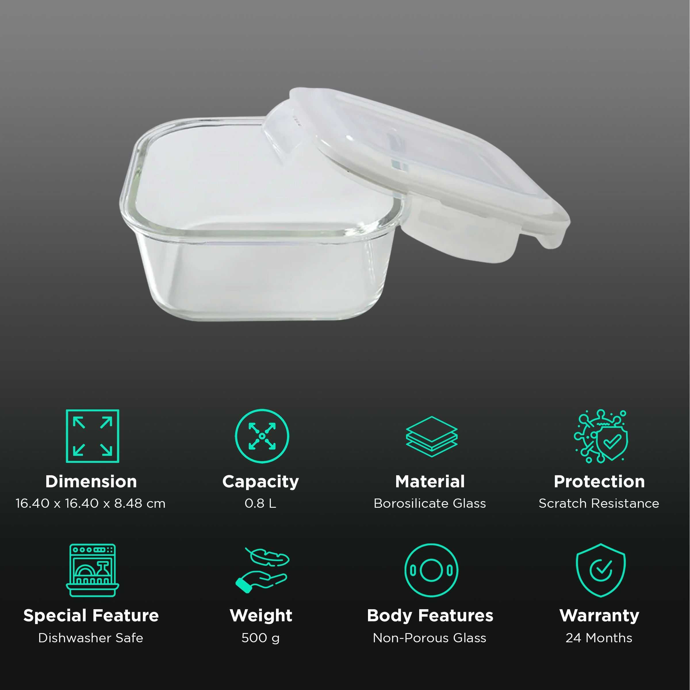 BOROSIL Klip n Store 800ml Borosilicate Glass Square Storage Container with Lid (Scratch Resistant, Transparent)_2