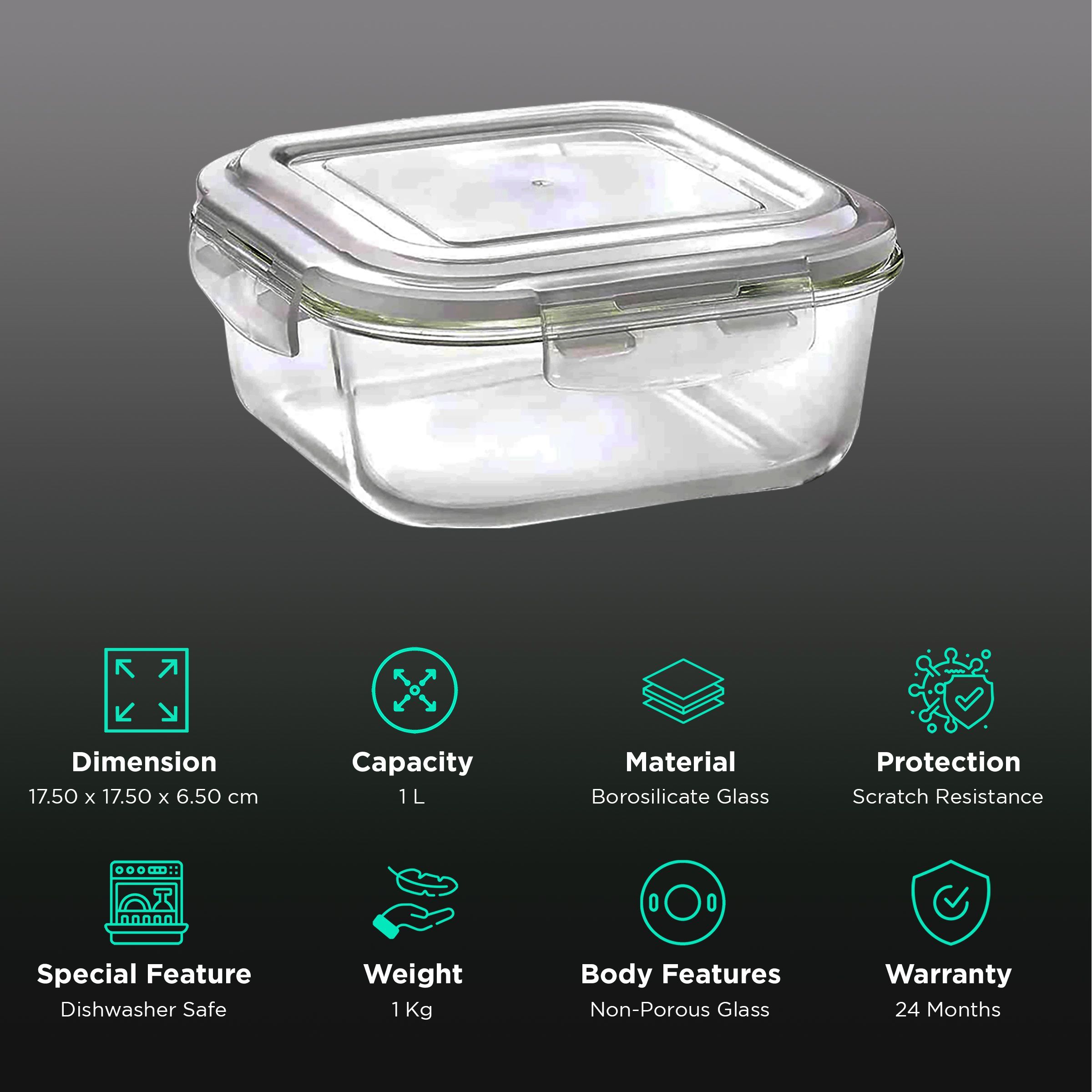 BOROSIL Klip n Store 1L Borosilicate Glass Container with Air Tight Lid (Scratch Resistant, Transparent)_2