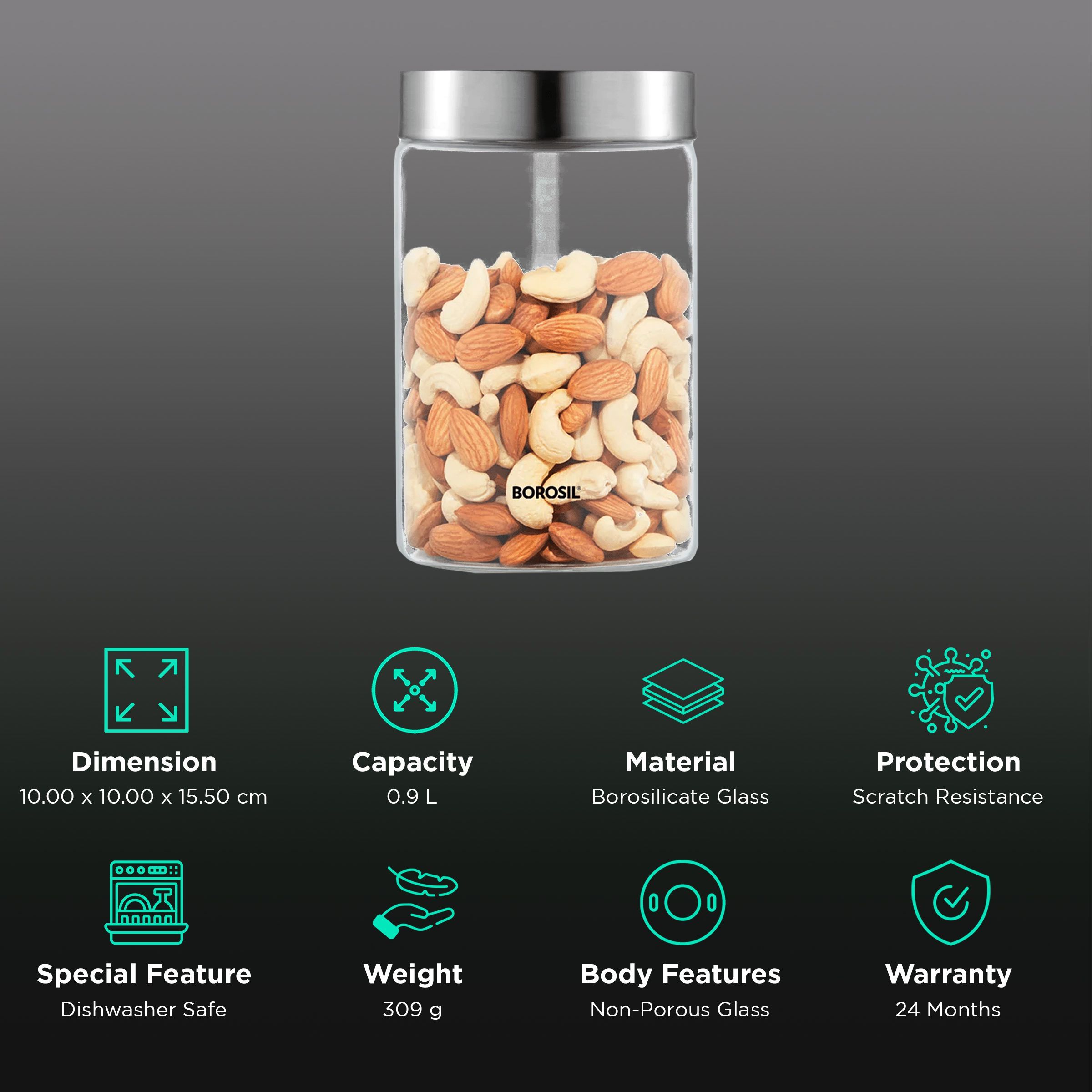 BOROSIL Endura 900ml Borosilicate Glass Jar with Screw Top Lid (Scratch Resistant, Transparent)_2