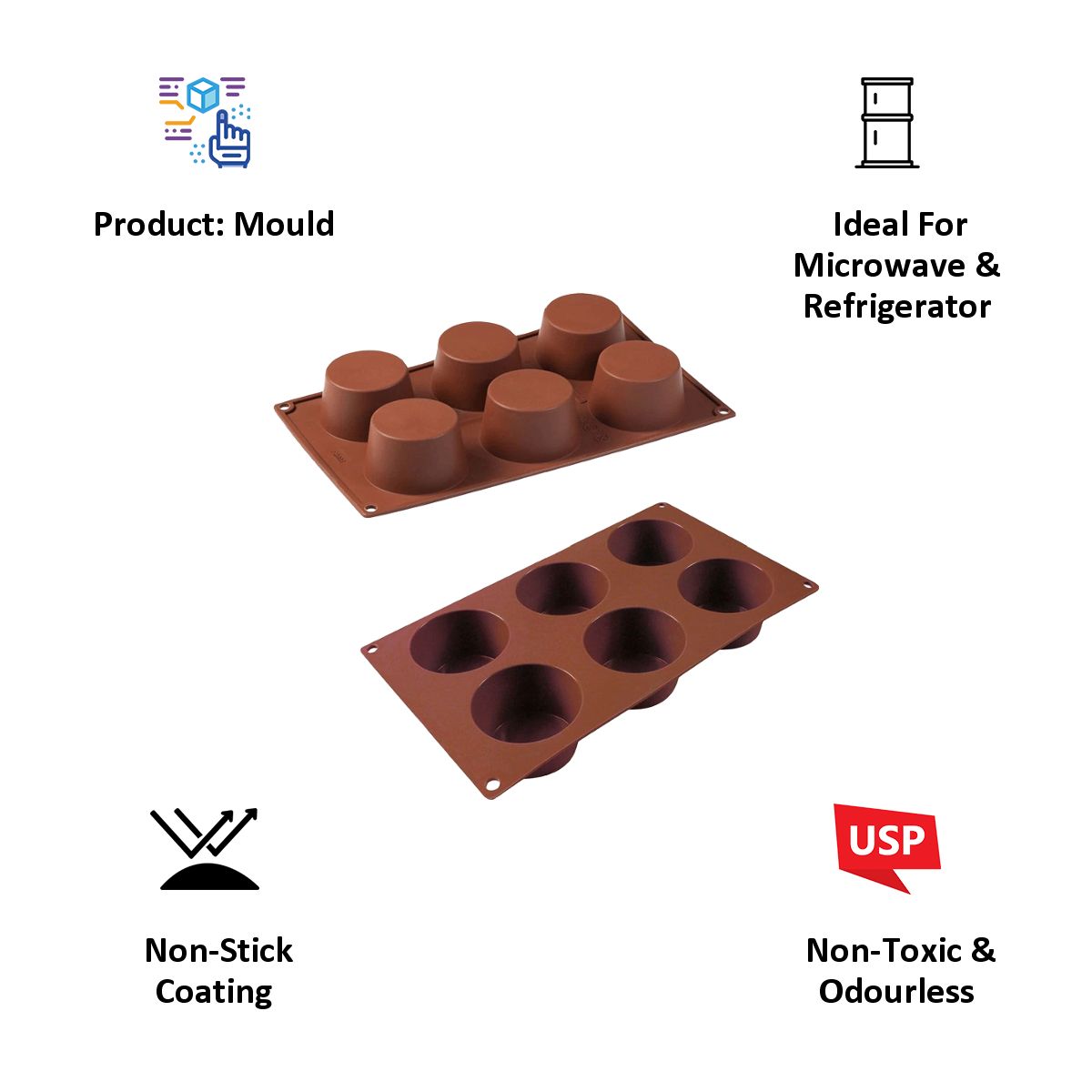 WONDERCHEF Pavoni Muffin 6 Portions Mould For Microwave, Refrigerator (Good Elasticity, 63152908, Brown)_7