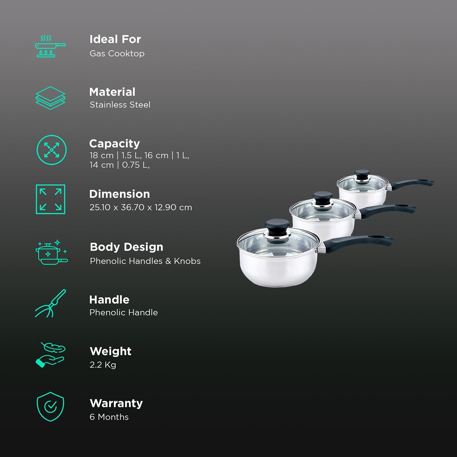 sabichi Saucepan Set (3-Piece, 95541, Silver)_3