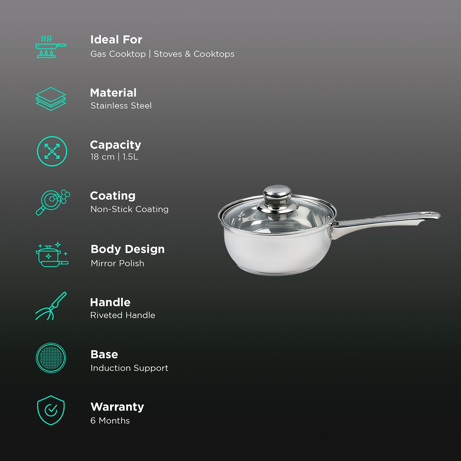 sabichi Saucepan with Glass Lid (18cm, 93745 -I, Silver)_3