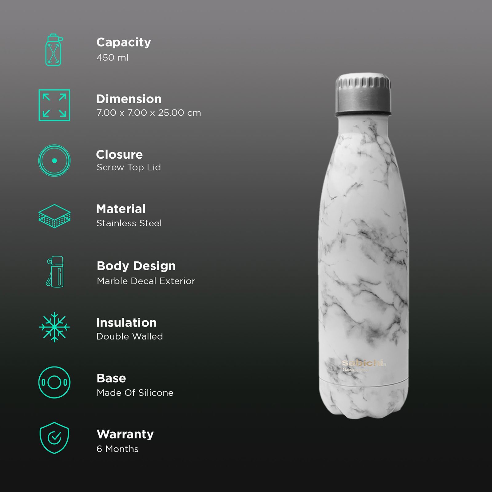 sabichi Blush 450 ml Stainless Steel Water Bottle (BPA Free, 193711, White)_2