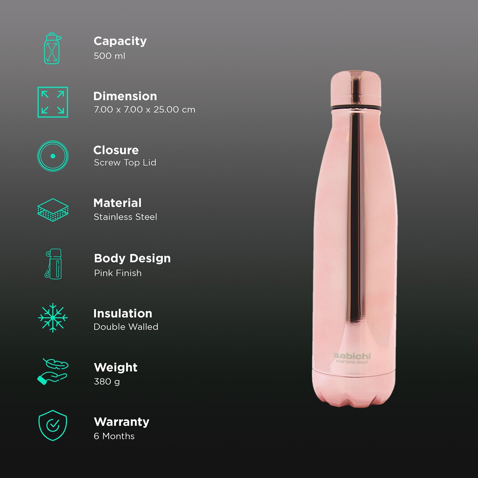 sabichi Blush 450 ml Stainless Steel Water Bottle (BPA Free, 193728, Pink)_3