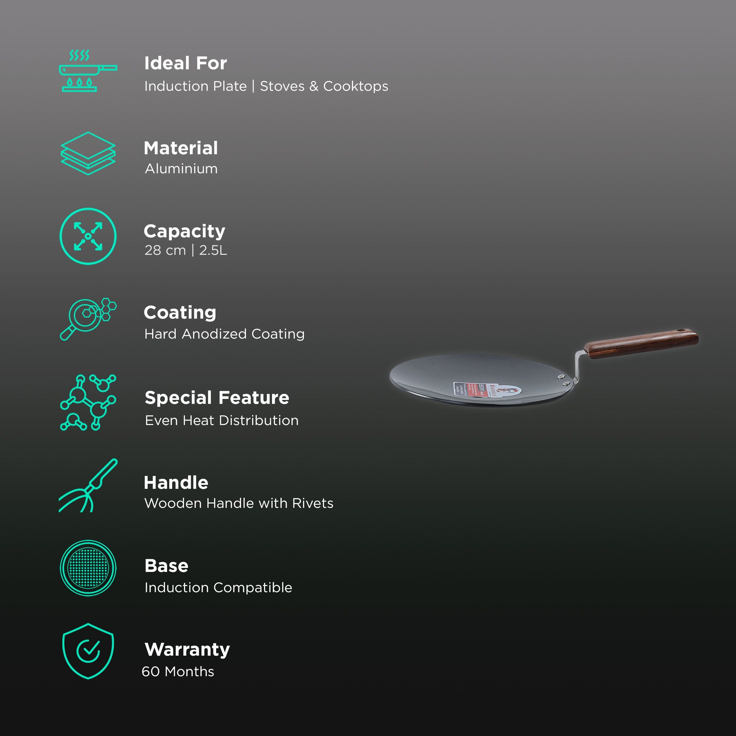 WONDERCHEF Ebony 28cm Non Stick Aluminium Roti Tawa (Induction Compatible, Scratch Resistant, Black)_3