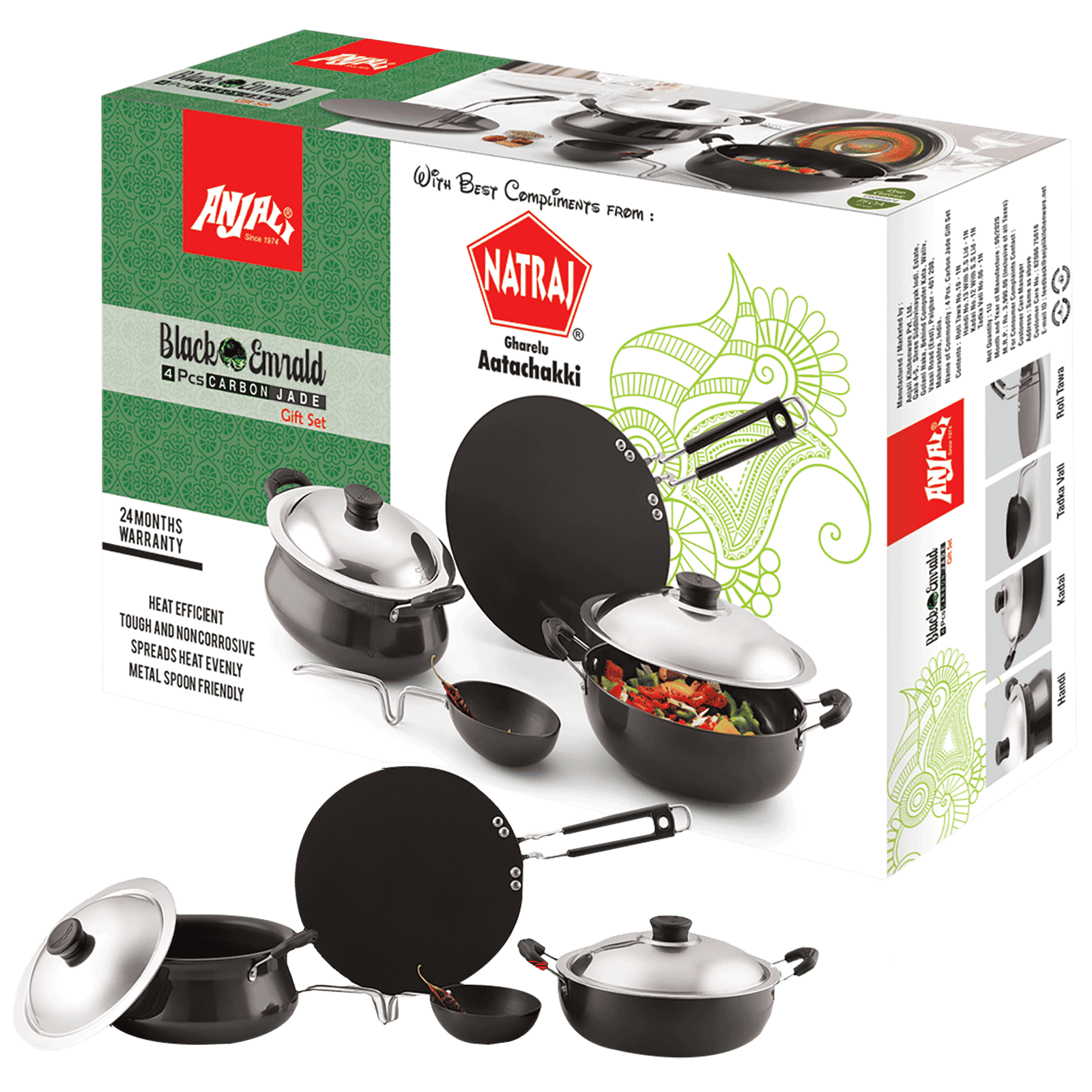 Anjali Black Emerald Carbon Jade Gift Set 4 Pcs Cookware Set (Even Heat Distribution, Black)_1