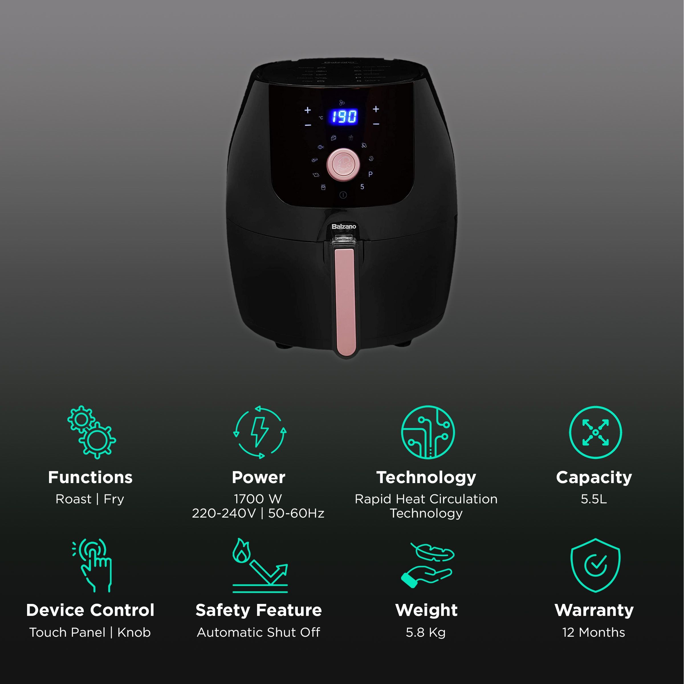 Balzano 5.5L 1700 Watt Digital Air Fryer with Rapid Heat Circulation Technology (Black)_3