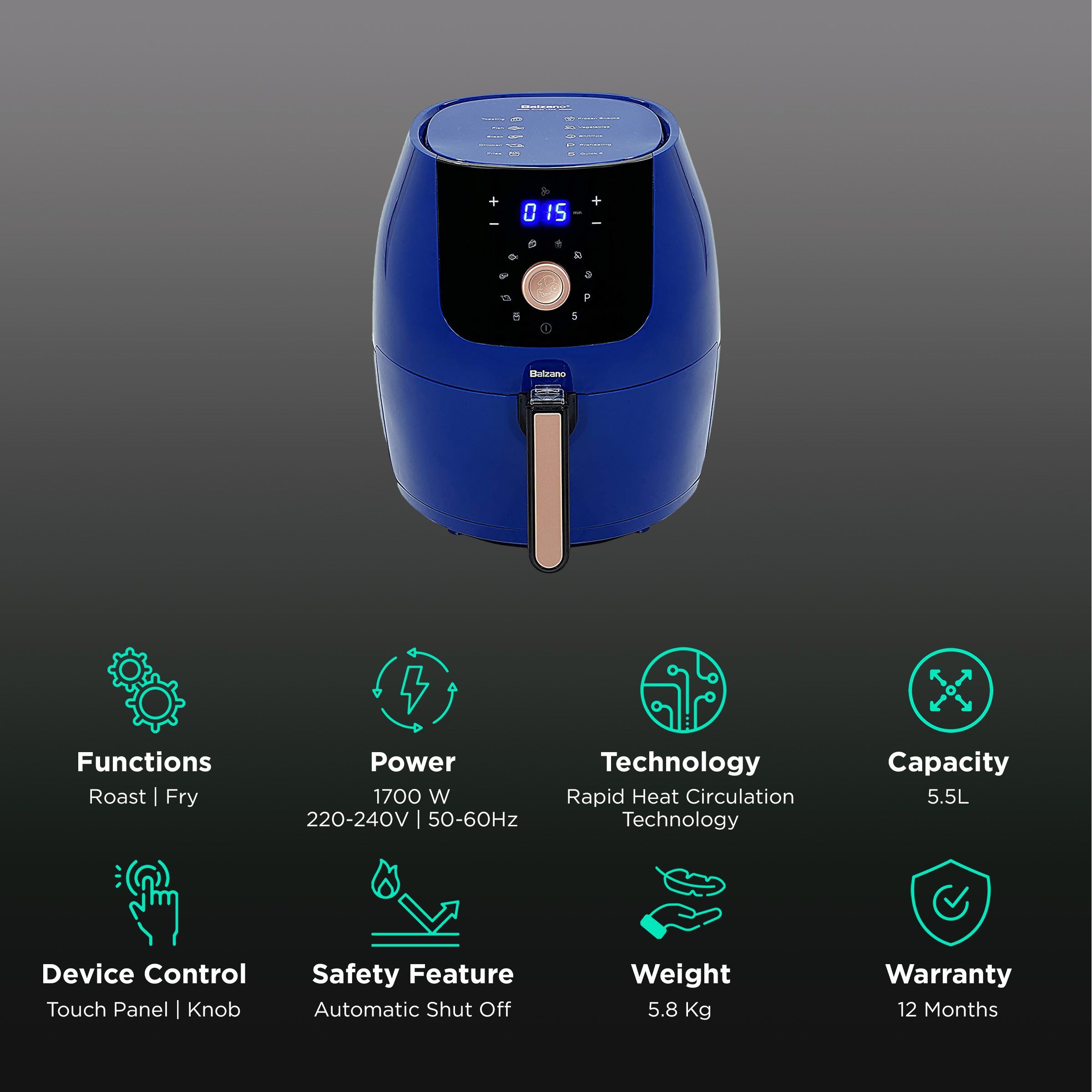 Balzano 5.5L 1700 Watt Digital Air Fryer with Rapid Heat Circulation Technology (Blue)_3