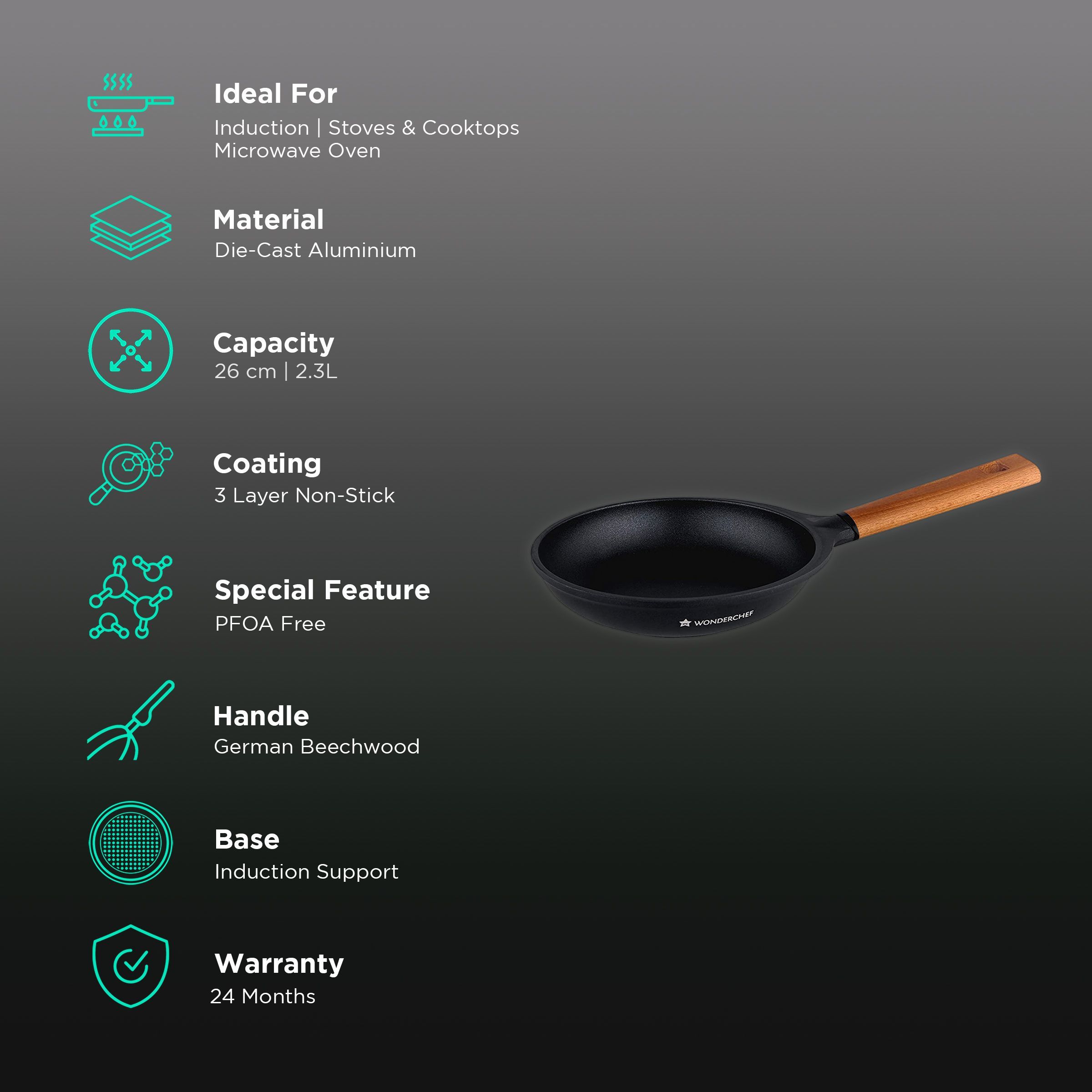 WONDERCHEF Caesar 2.3L Non Stick Aluminium Fry Pan (Induction Compatible, German Beechwood Handle, Black) WONDERCHEF Caesar 2.3L Non Stick Aluminium Fry Pan (Induction Compatible, German Beechwood Handle, Black)_3