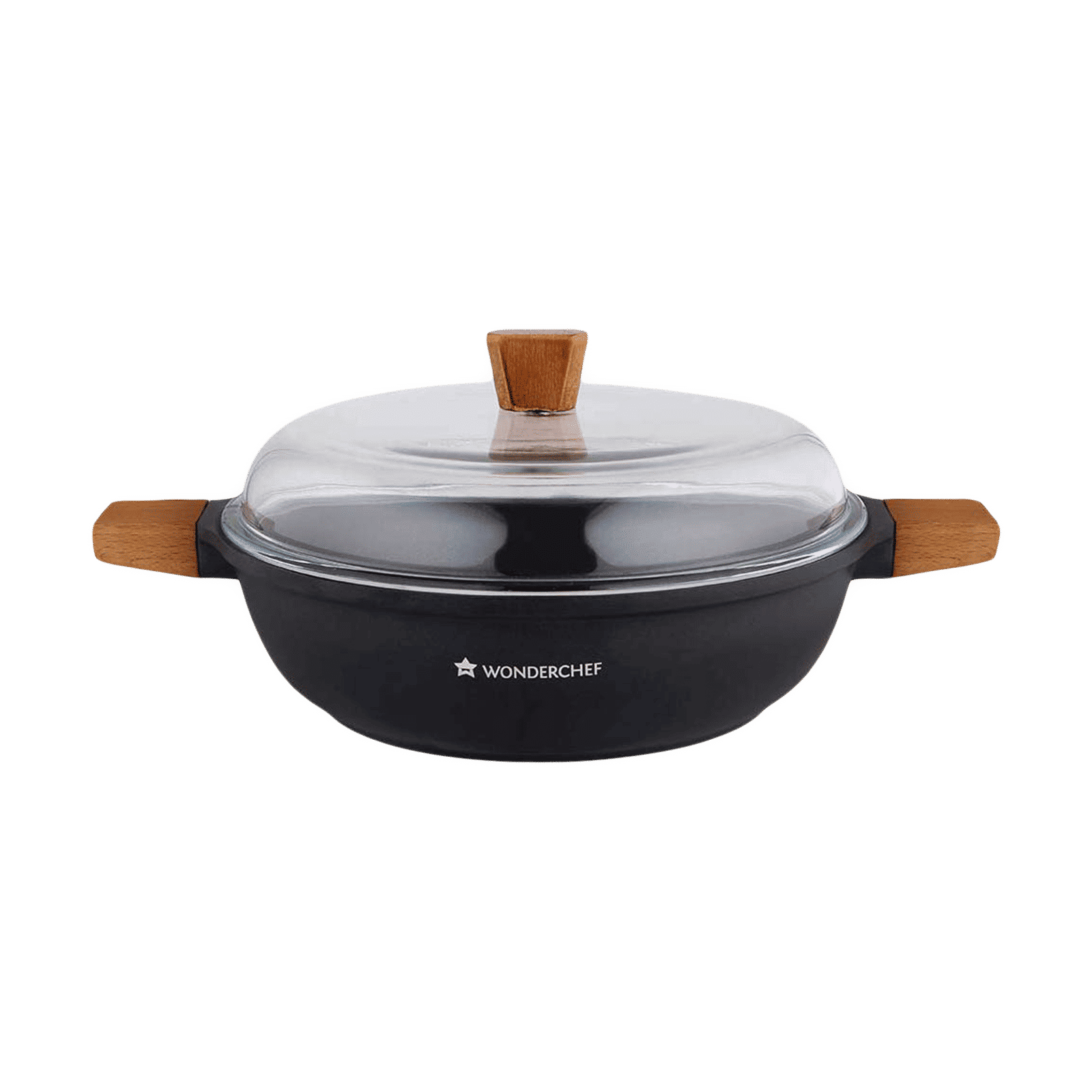 WONDERCHEF Caesar 4.07L Non Stick Aluminium Casserole with Glass Lid (Induction Compatible, Ergonomic Wooden Handles, Black) WONDERCHEF Caesar 4.07L Non Stick Aluminium Casserole with Glass Lid (Induction Compatible, Ergonomic Wooden Handles, Black)_1